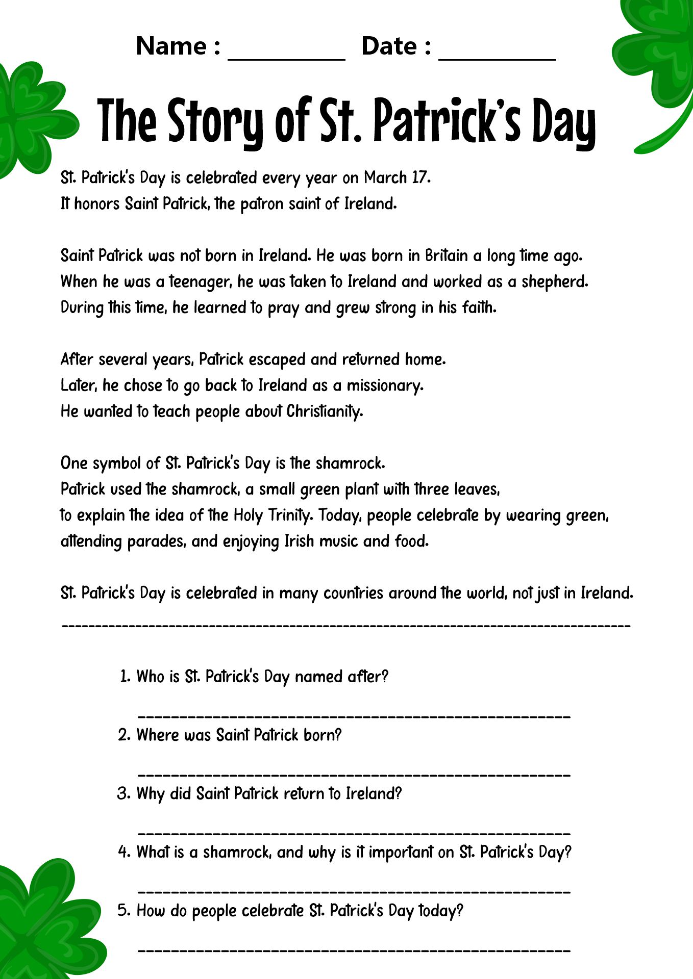 St. Patricks Day Reading Comprehension Activities