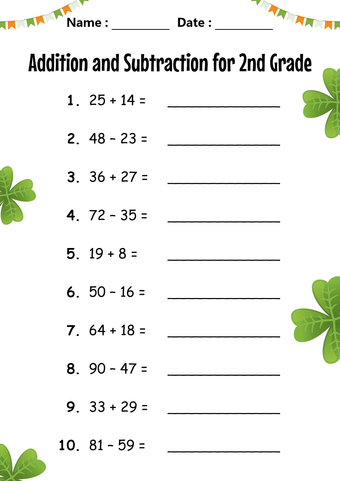 St. Patricks Day-Themed Addition and Subtraction for 2nd Grade