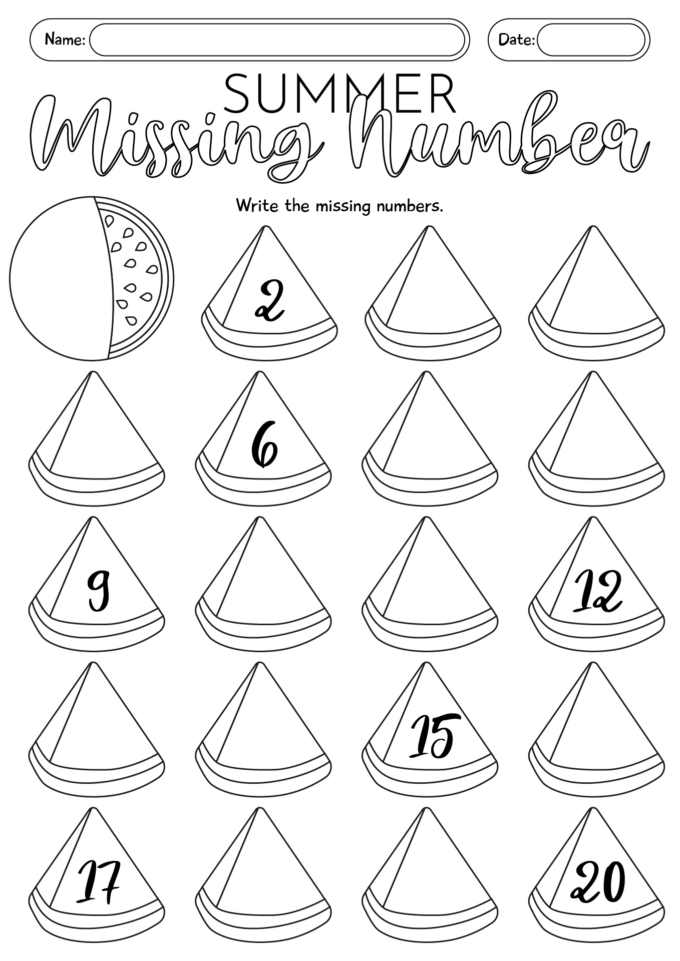 Summer Missing Number Worksheets