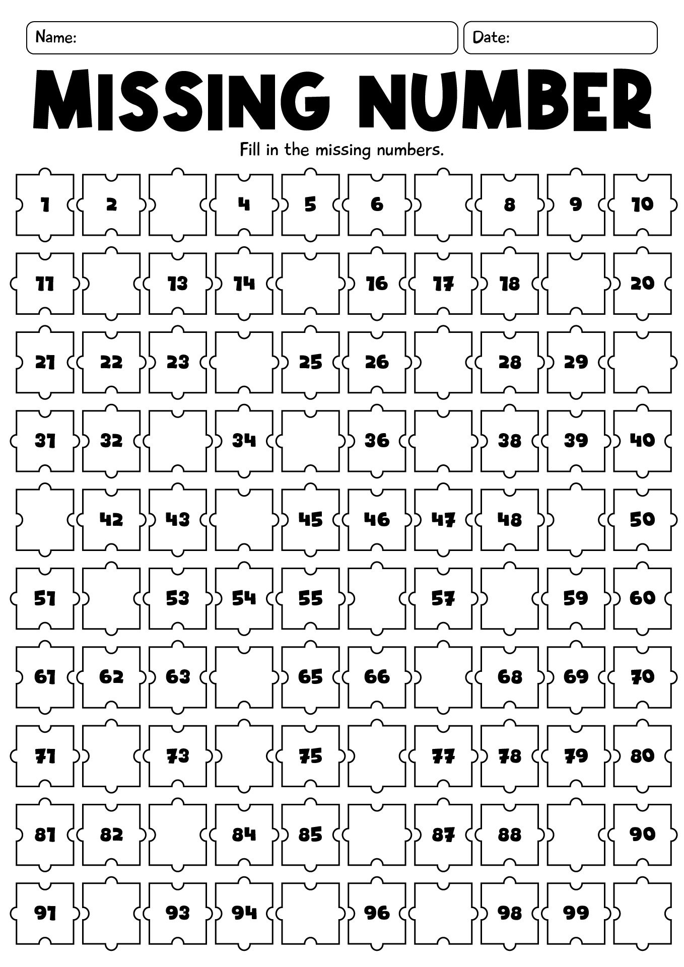 The Missing Numbers 1 100 Worksheet