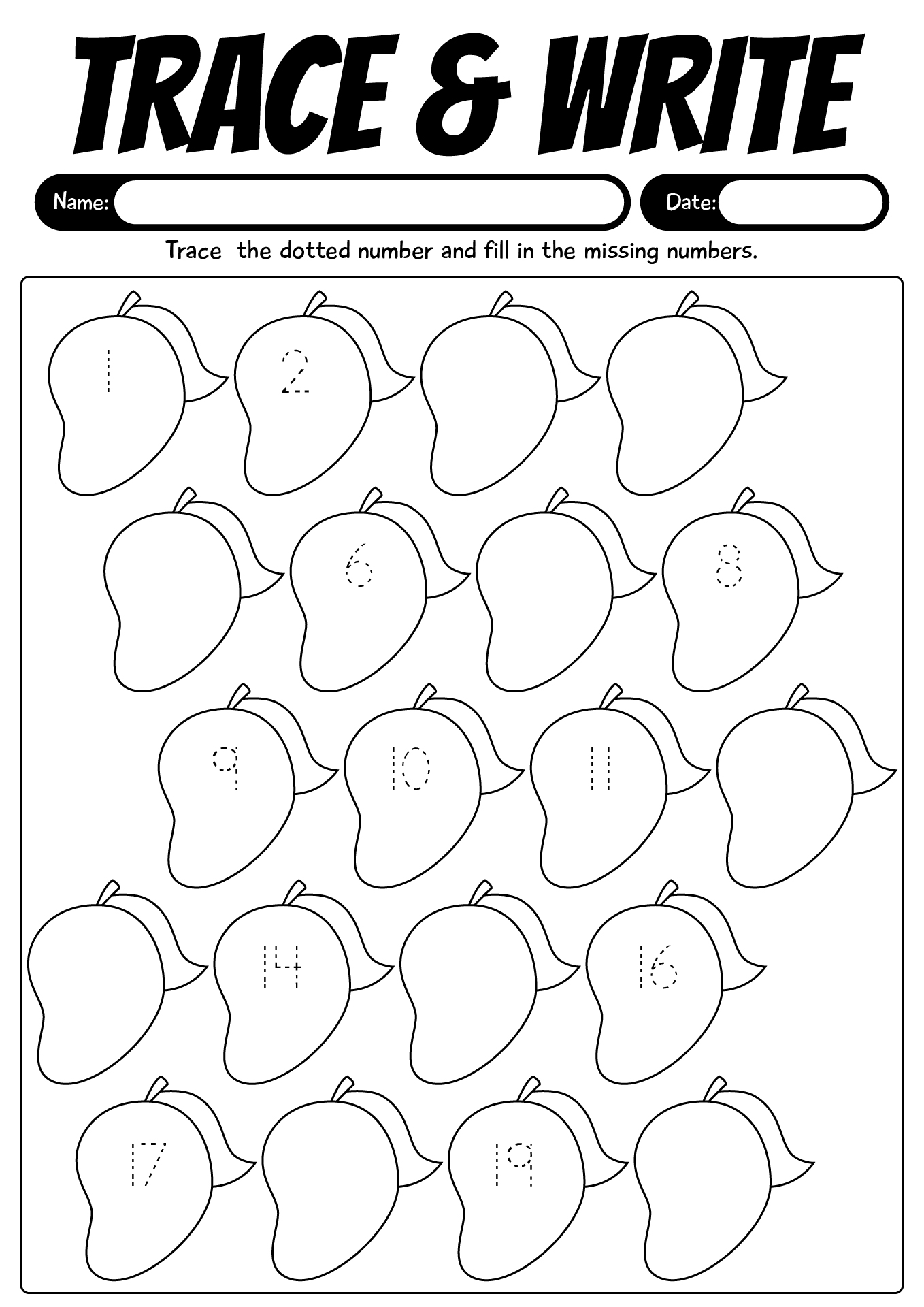 Trace And Write Missing Numbers 1-20 Worksheets