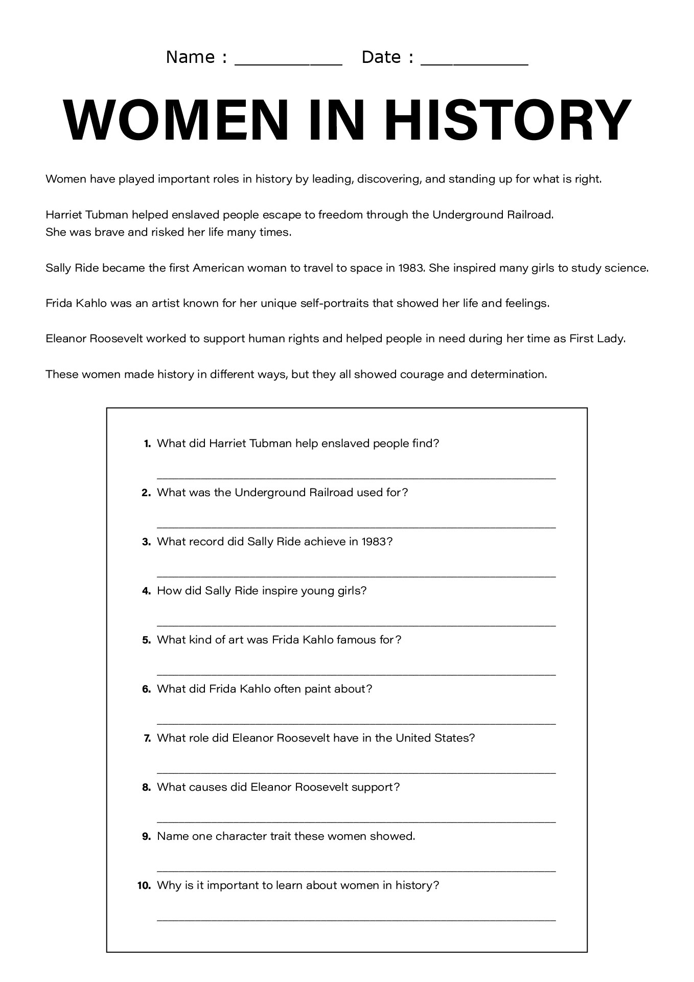 Women in History Activities Worksheet