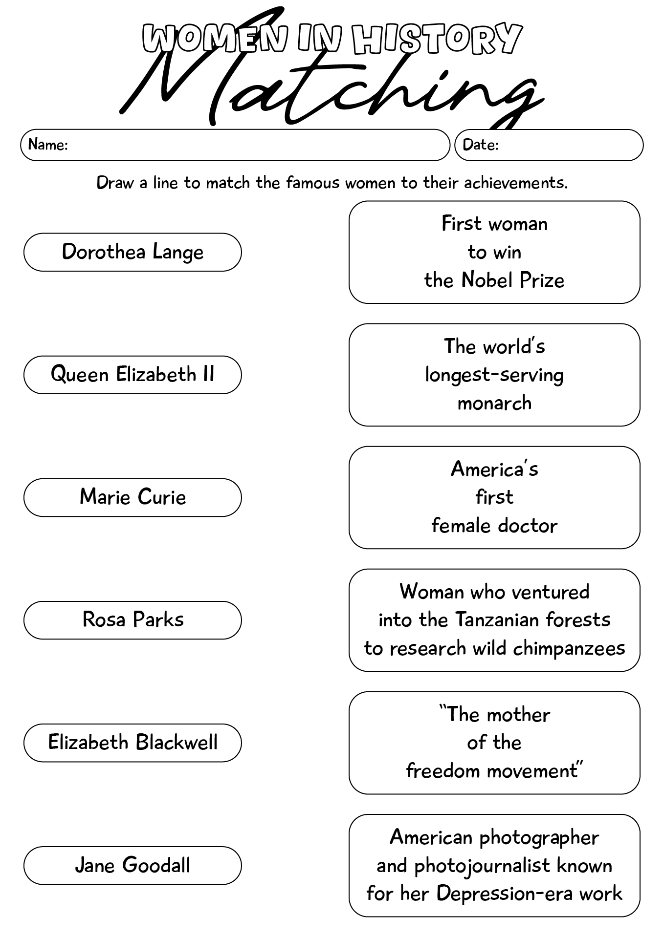 Women In History Matching Activity Worksheets
