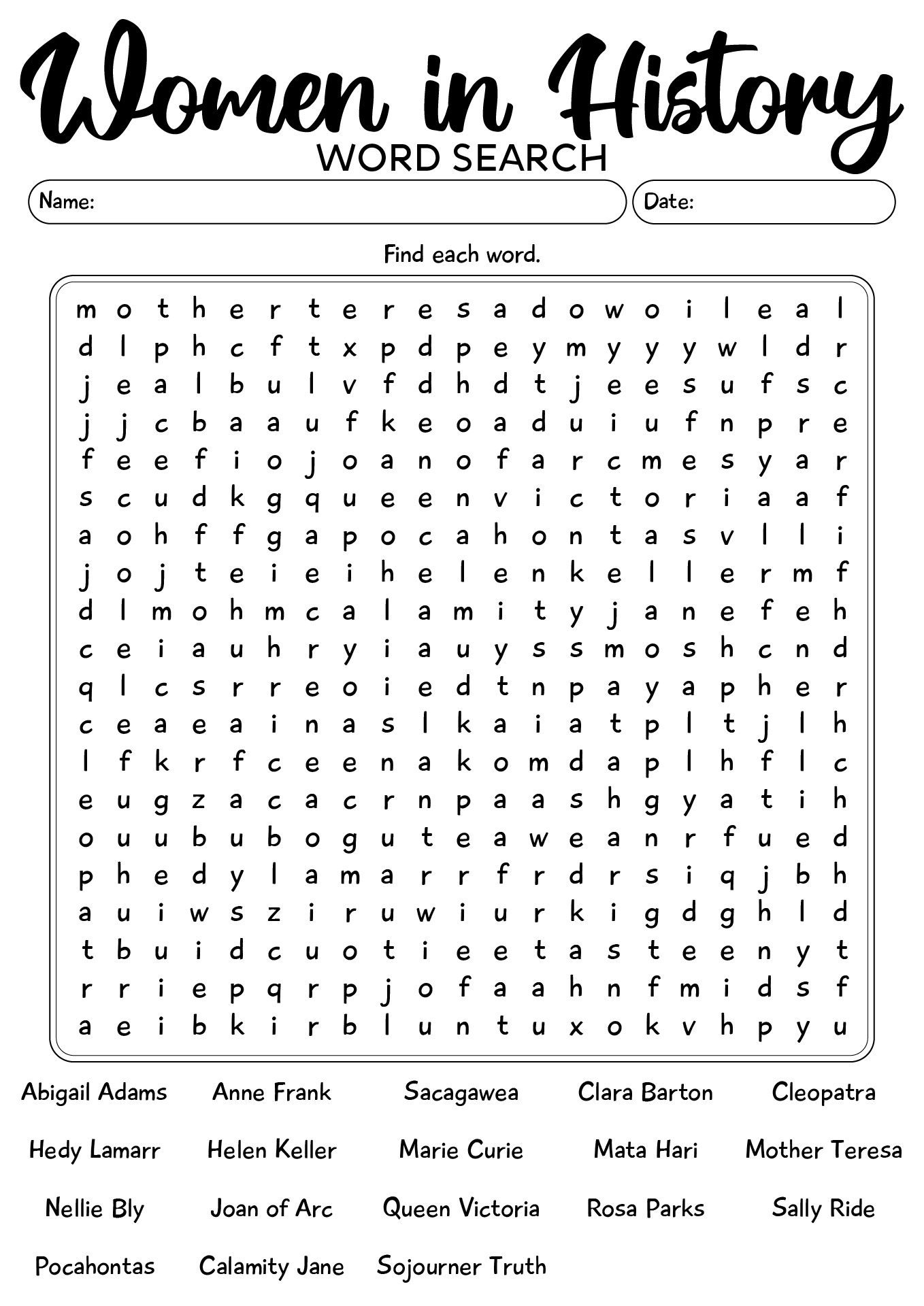 Women In History Word Search Worksheet