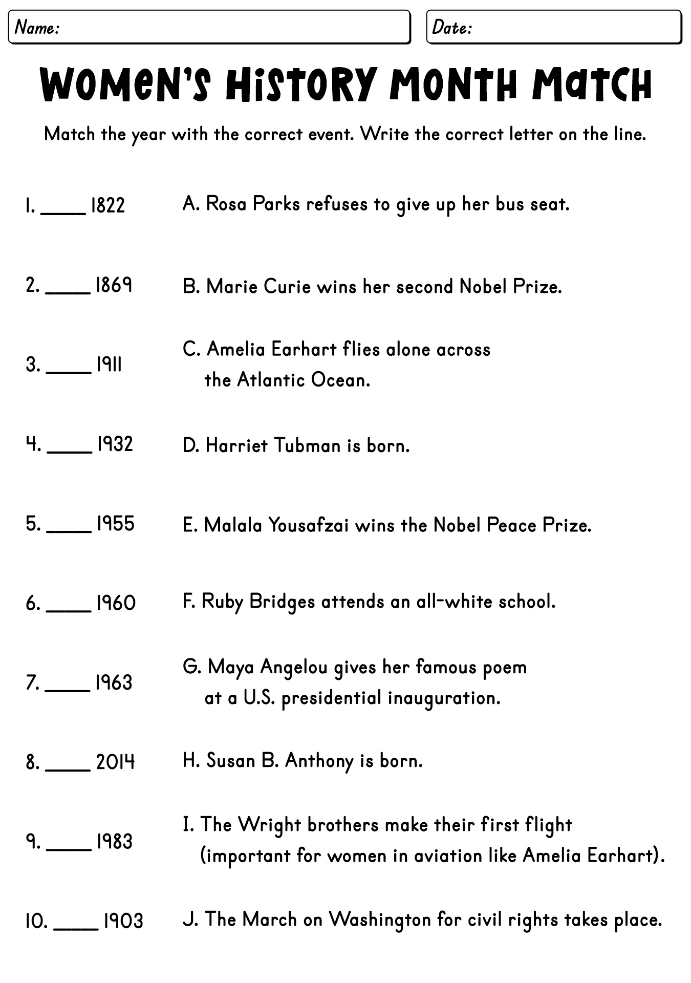 Women Of History Timelines Worksheets