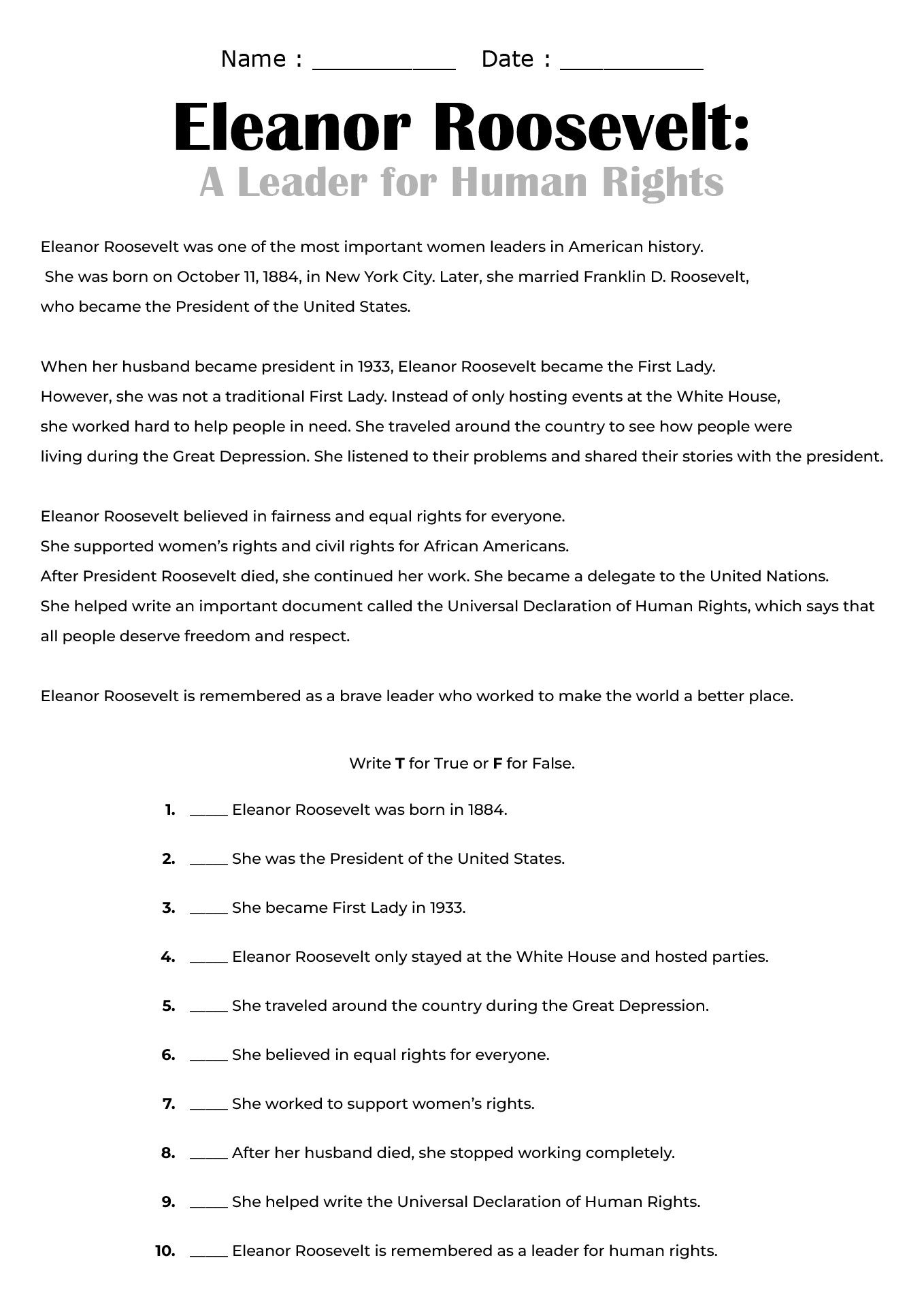 Womens Achievements Reading Worksheets for History Month