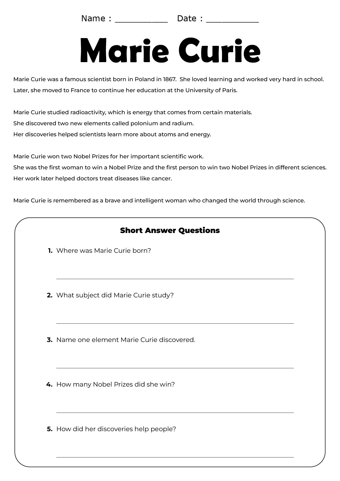 Womens Historical Figures Reading Worksheets