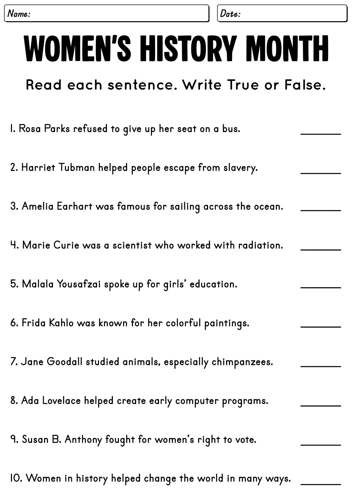 Womens History Month 3rd Grade Worksheets