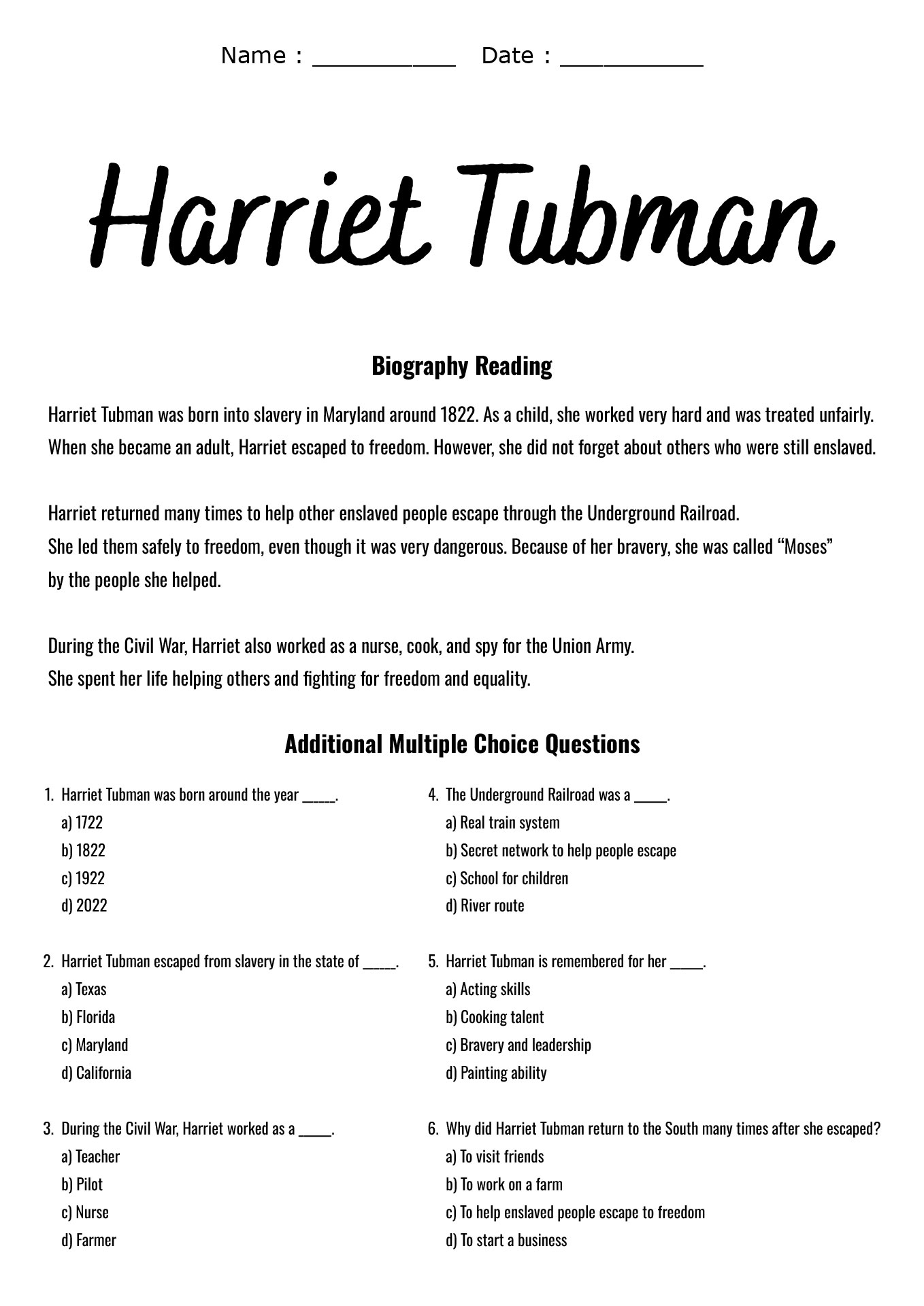 Womens History Month Biography Reading Worksheets