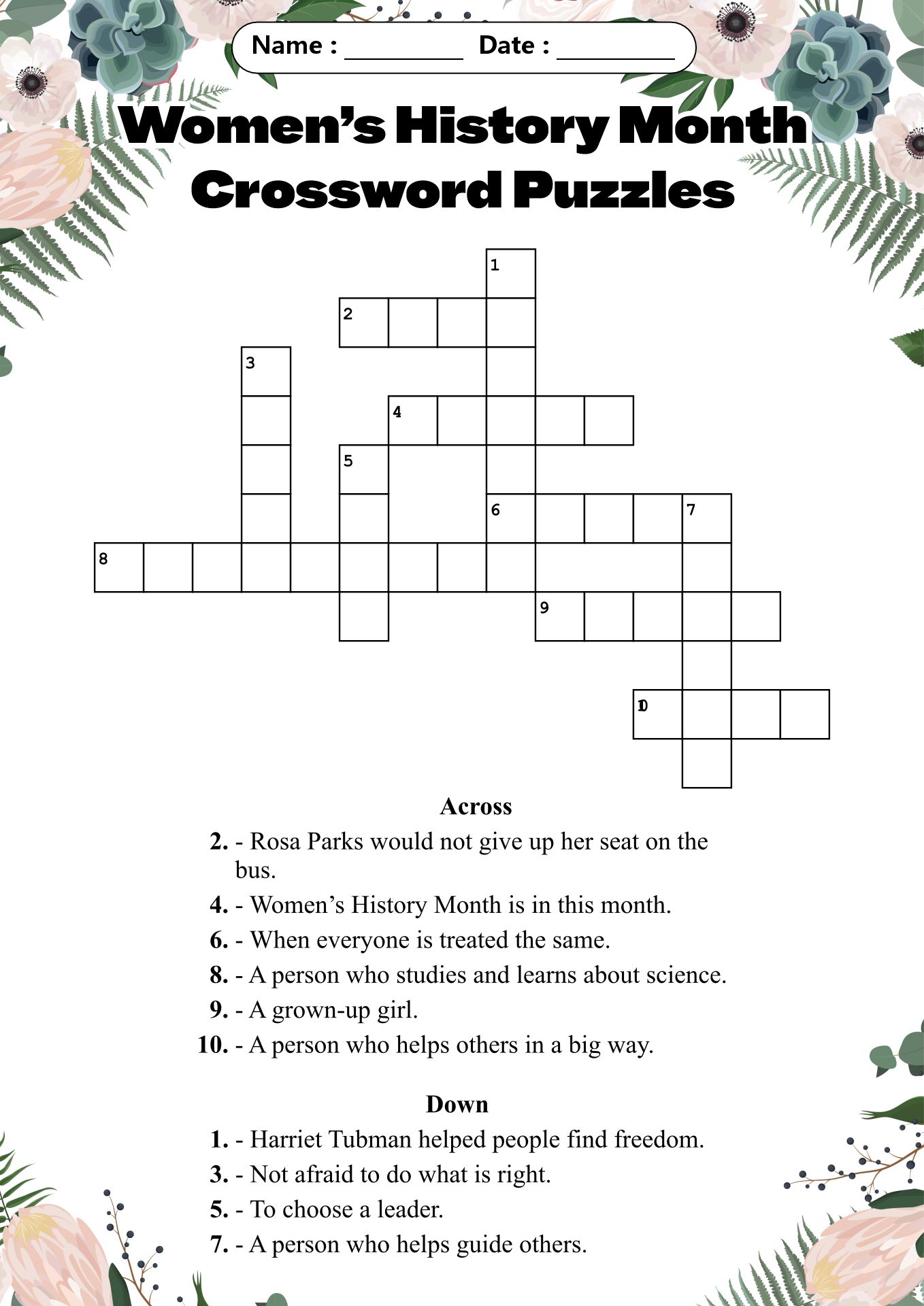 Women’s History Month Crossword Puzzles Second Grade