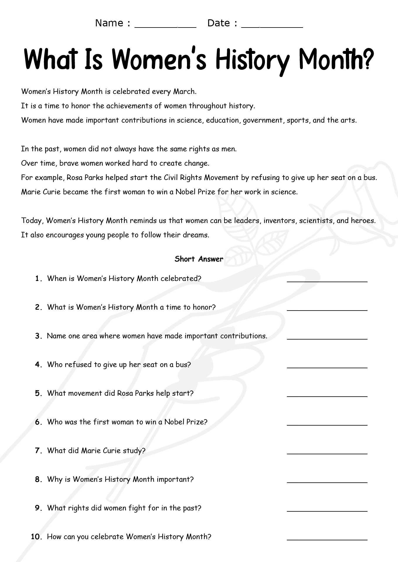 Womens History Month Educational Reading Worksheets