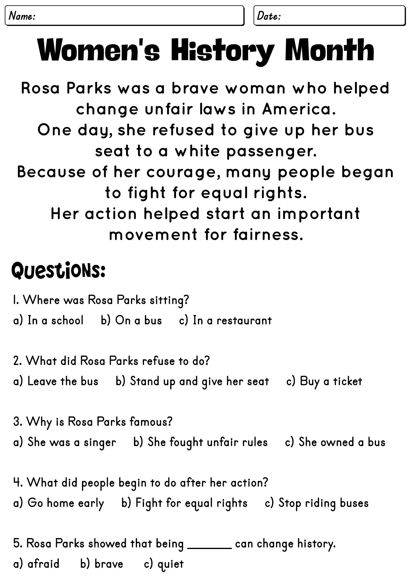 Womens History Month Educational Worksheets