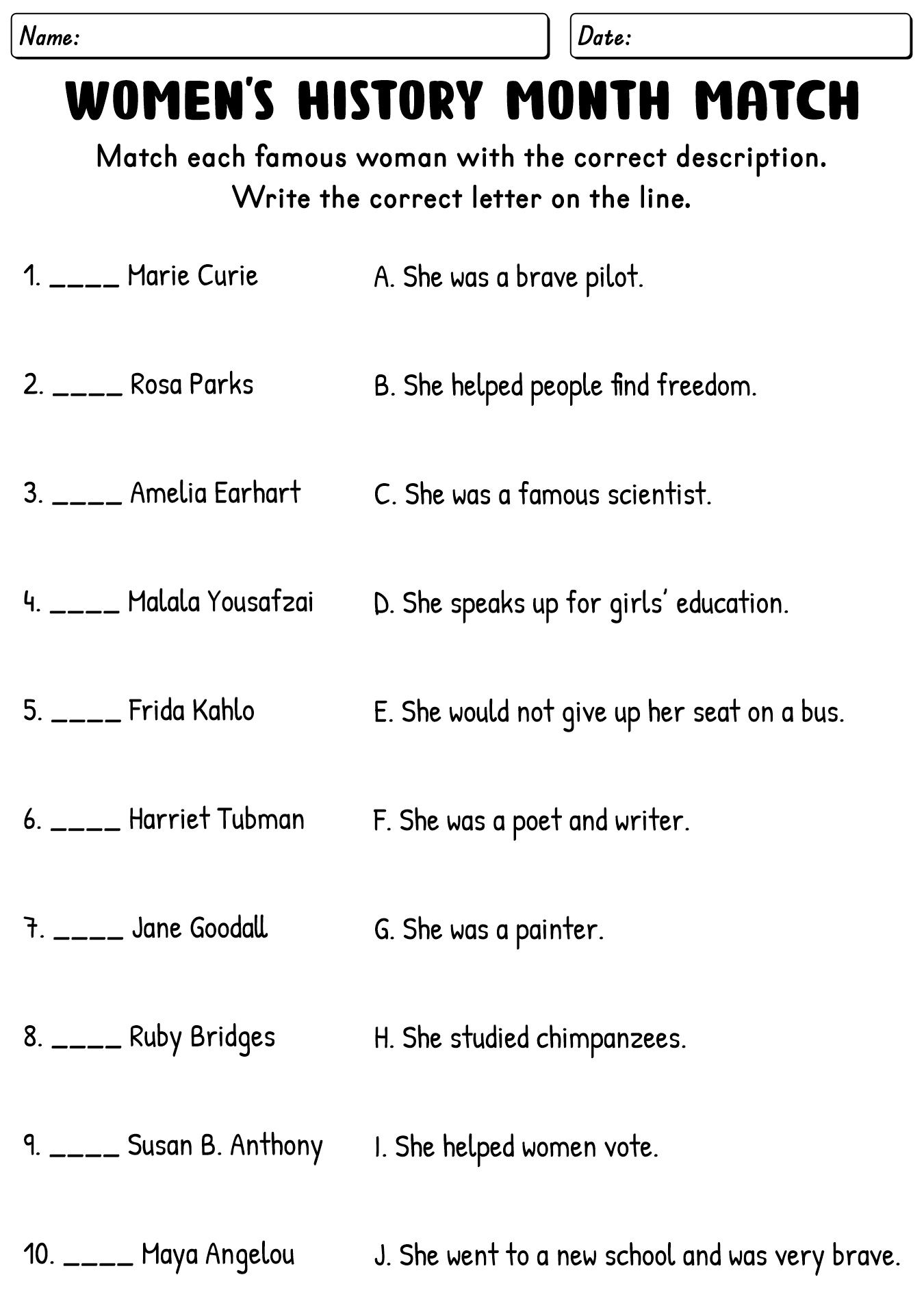 Womens History Month Matching Worksheet