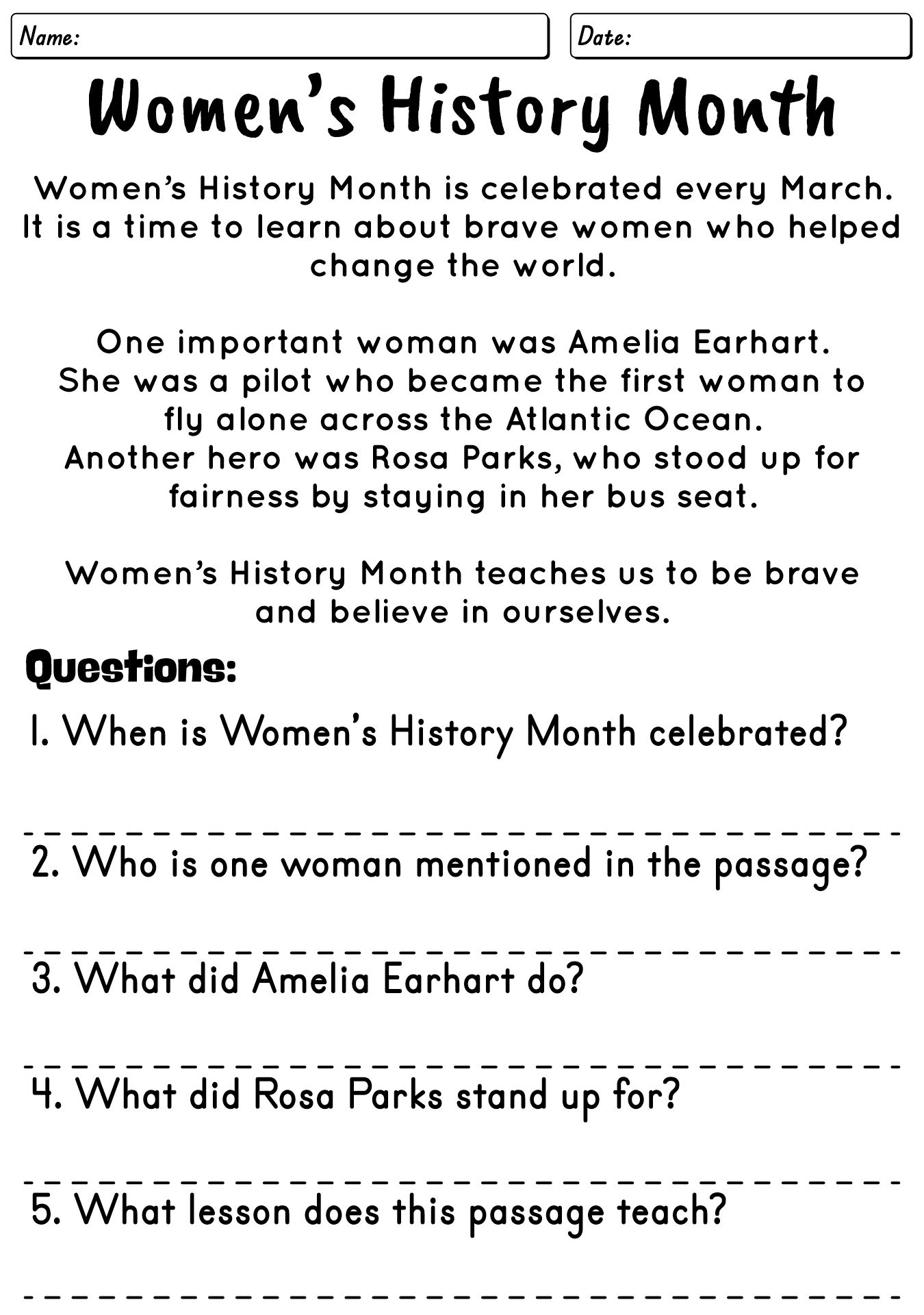 Womens History Month Printables For 3rd Grade