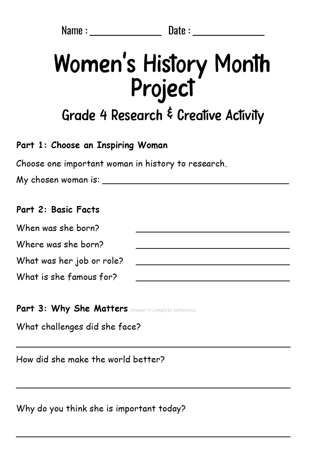 Womens History Month Projects for Fourth Grade