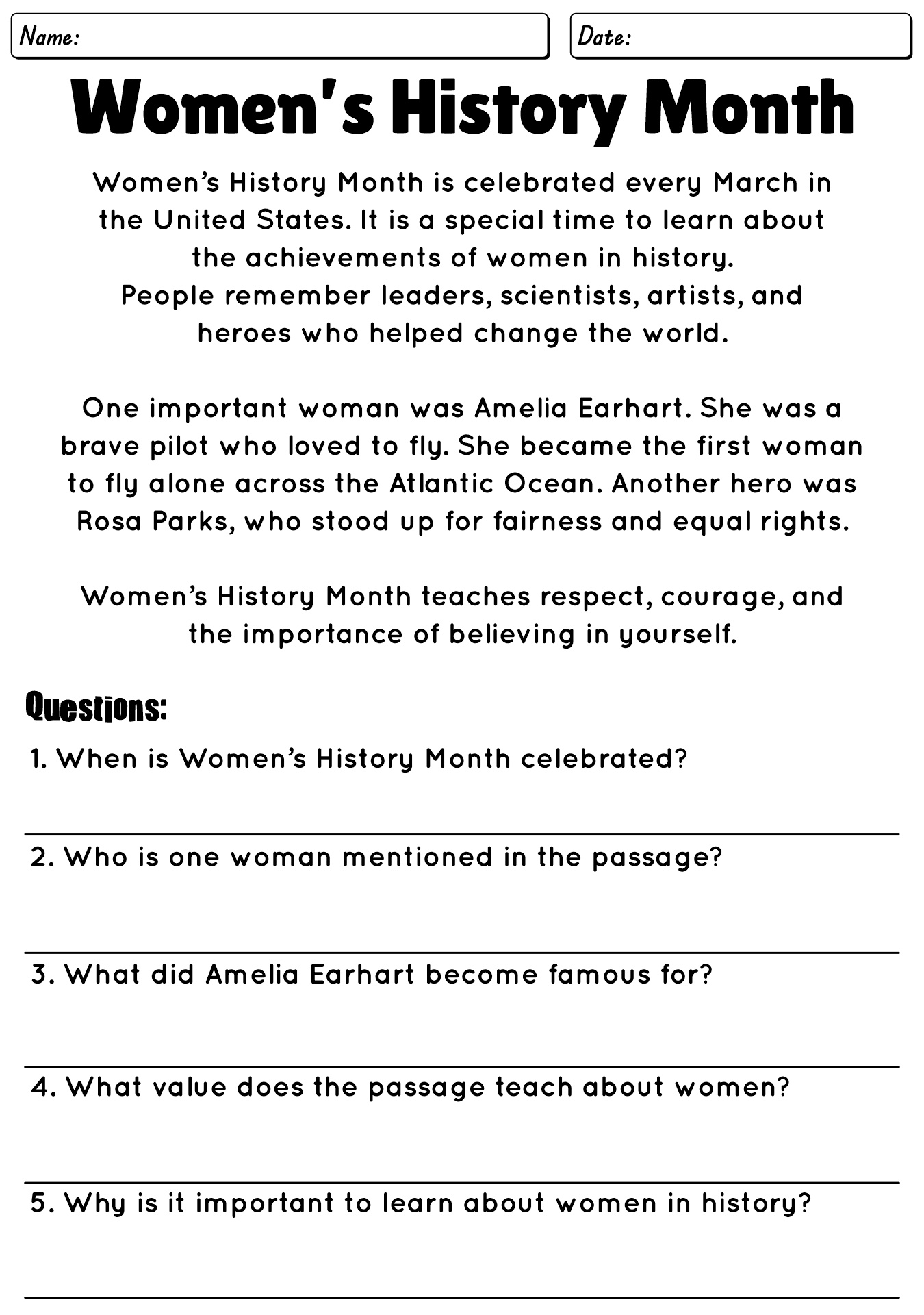 Womens History Month Reading Comprehension Worksheets for 3rd Grade