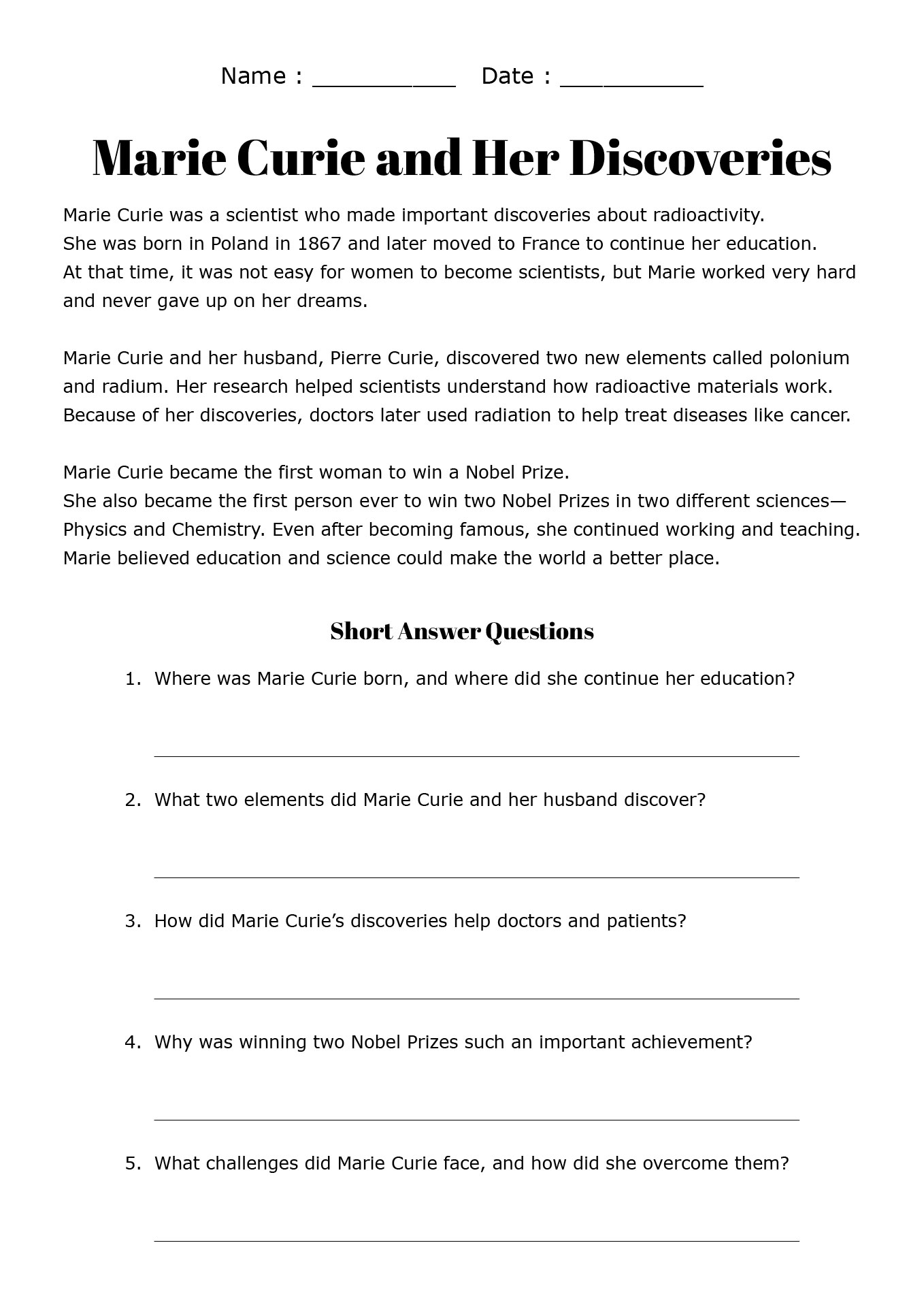 Womens History Month Reading Comprehension Worksheets