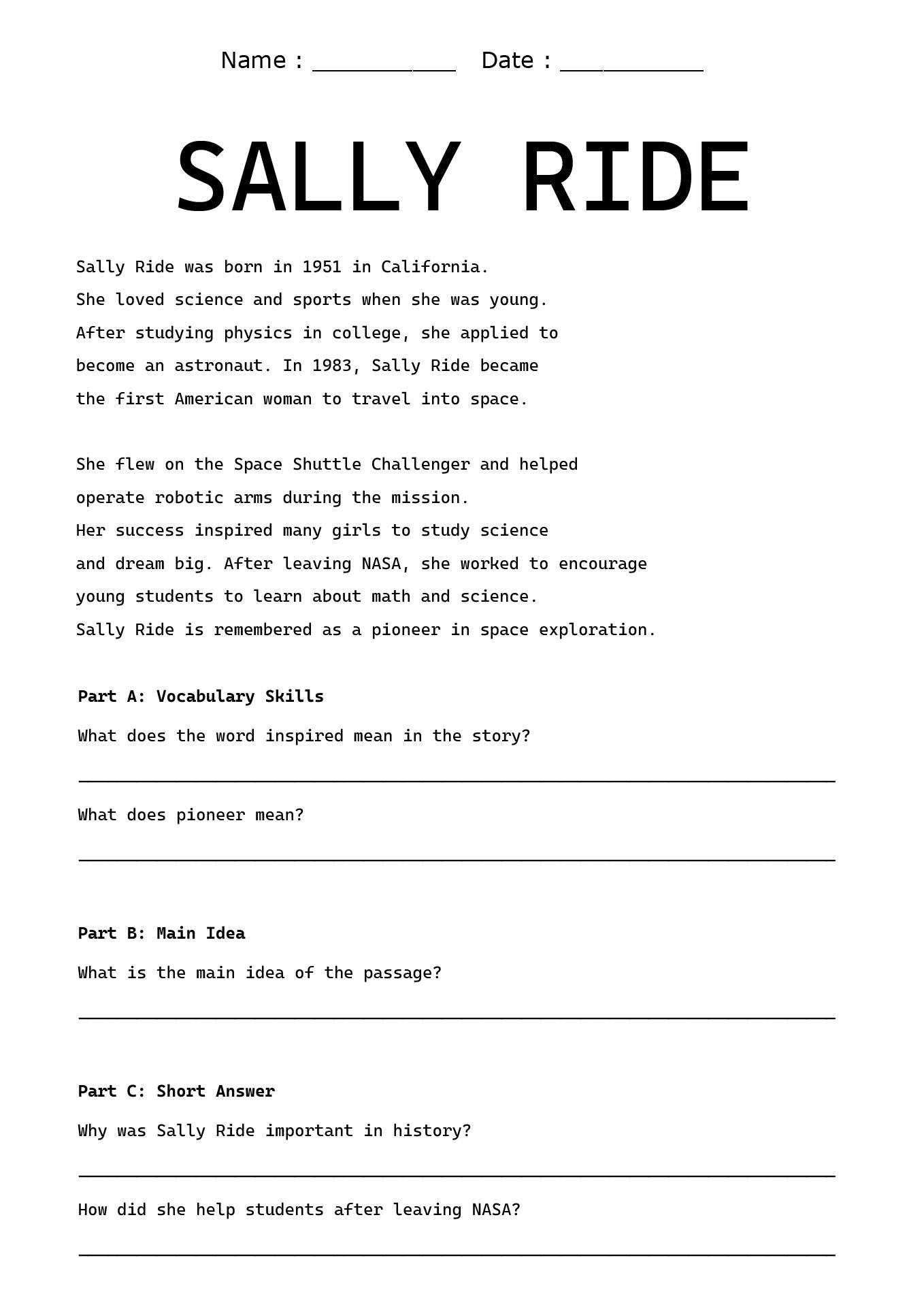 Womens History Month Reading Skills Worksheets