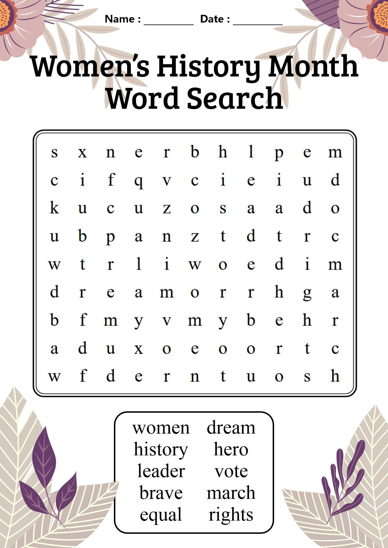 Women’s History Month Word Search for 2nd Grade