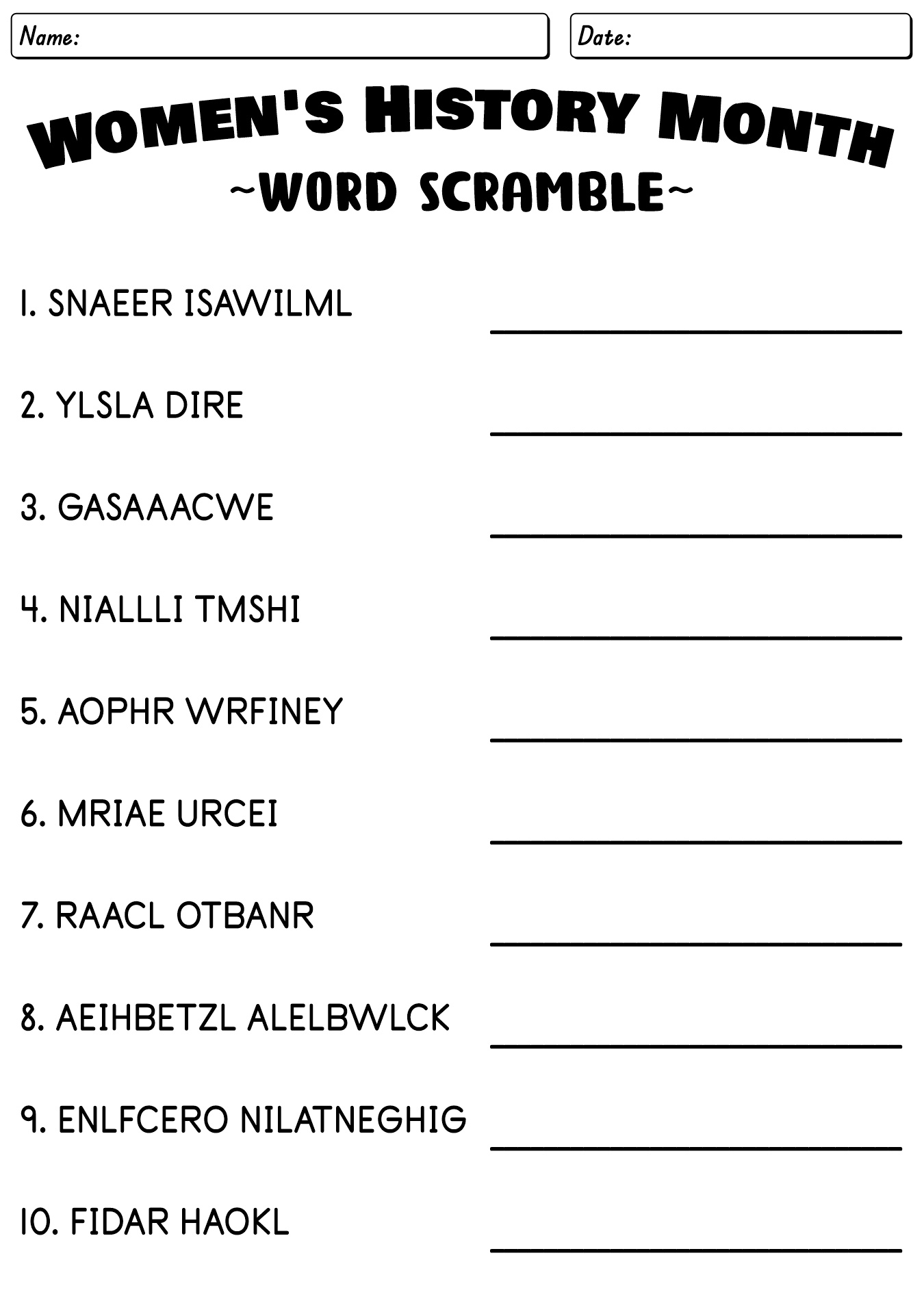 Womens History Month Worksheet Printable