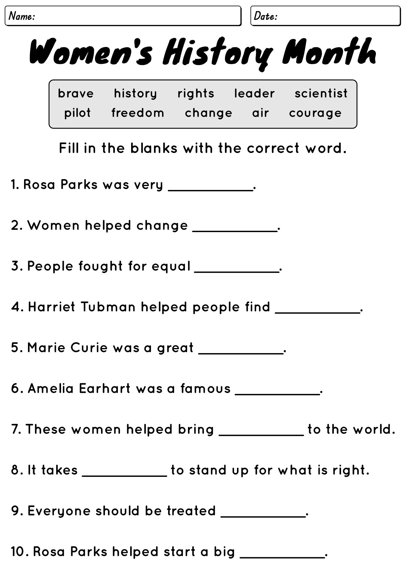 Womens History Month Worksheets for Elementary Schools