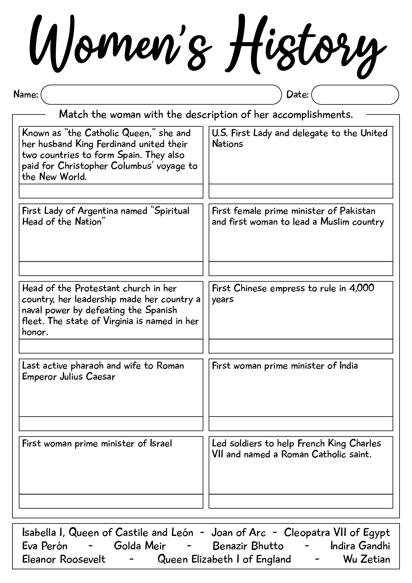 Womens History Month Worksheets