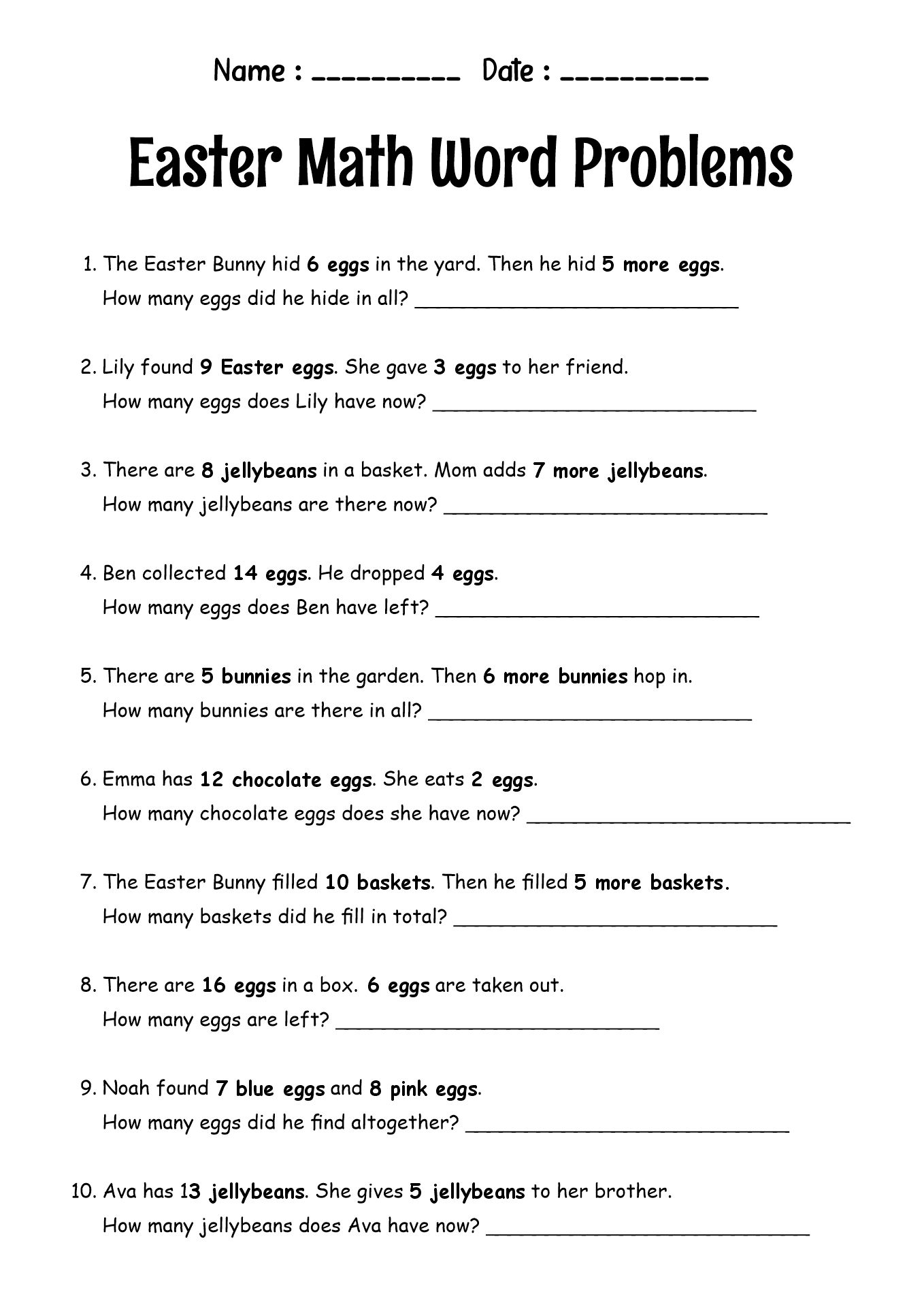 1st Grade Easter Math Word Problems