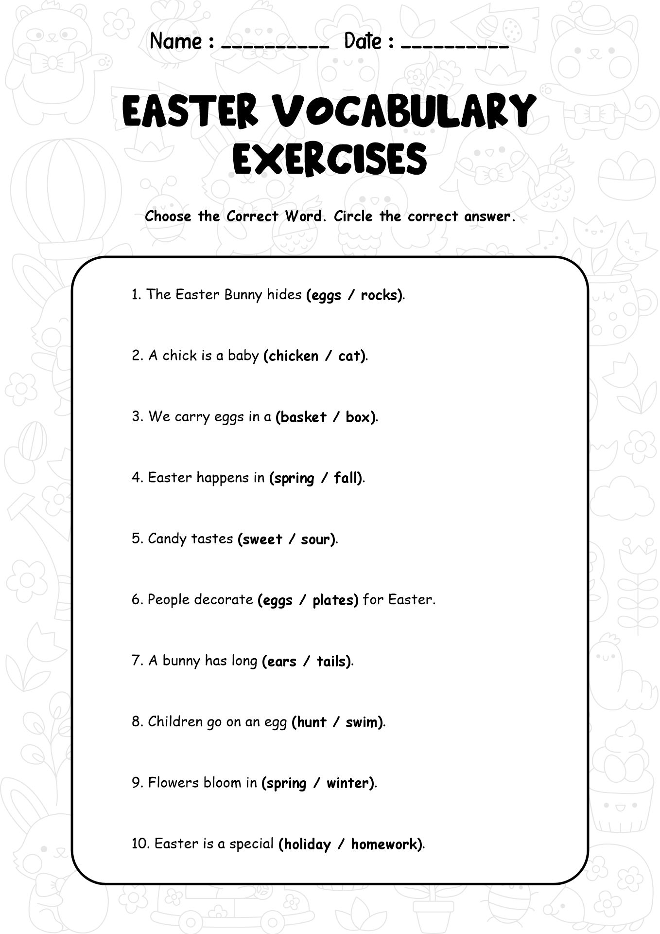 2nd Grade Easter Vocabulary Exercises Worksheets
