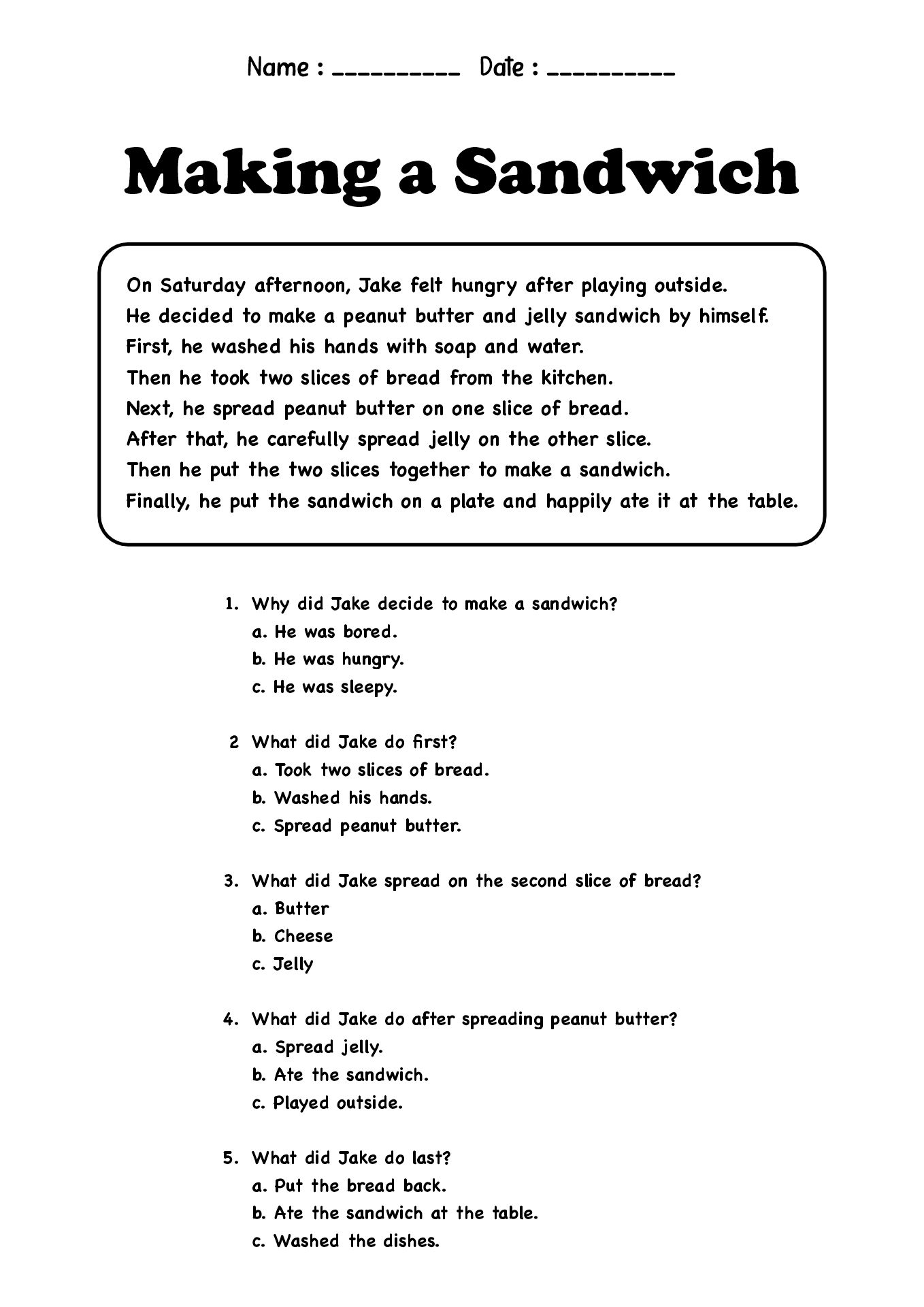 2nd Grade Reading Comprehension Sequencing Exercises