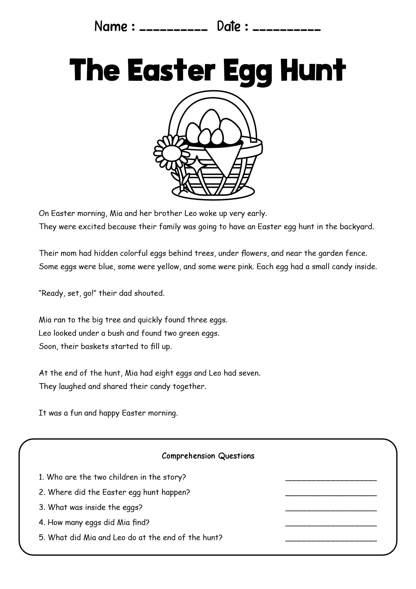 3rd Grade Easter Reading Comprehension Worksheets