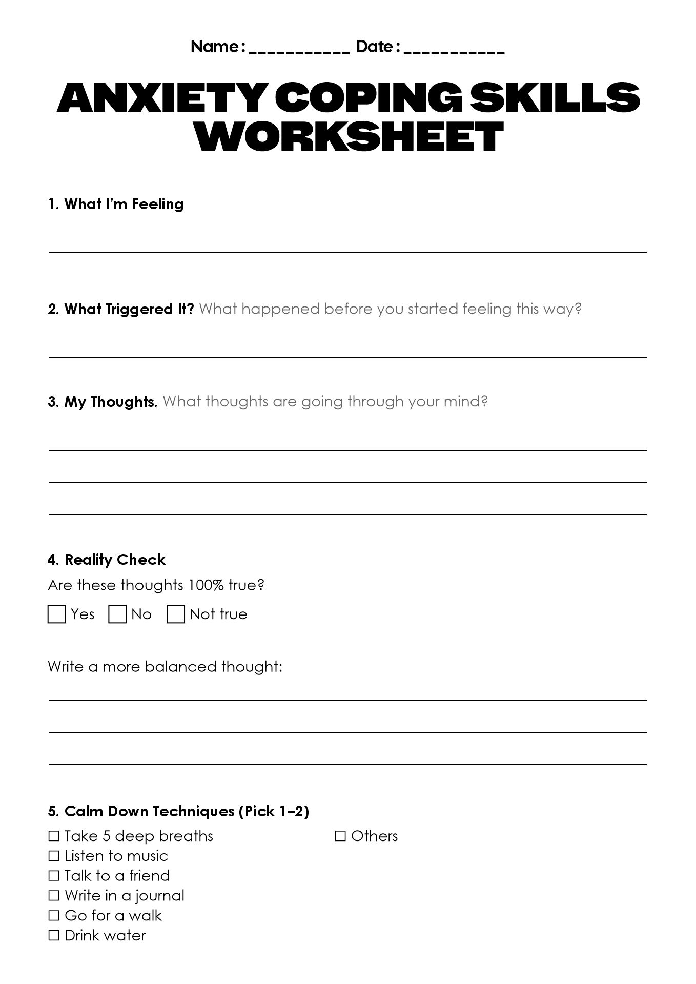 Anxiety Coping Skills Worksheets for Teenage Girls
