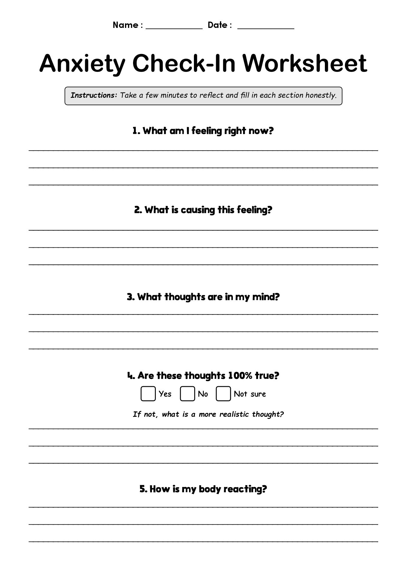 Anxiety Management Worksheets for Teen Girls