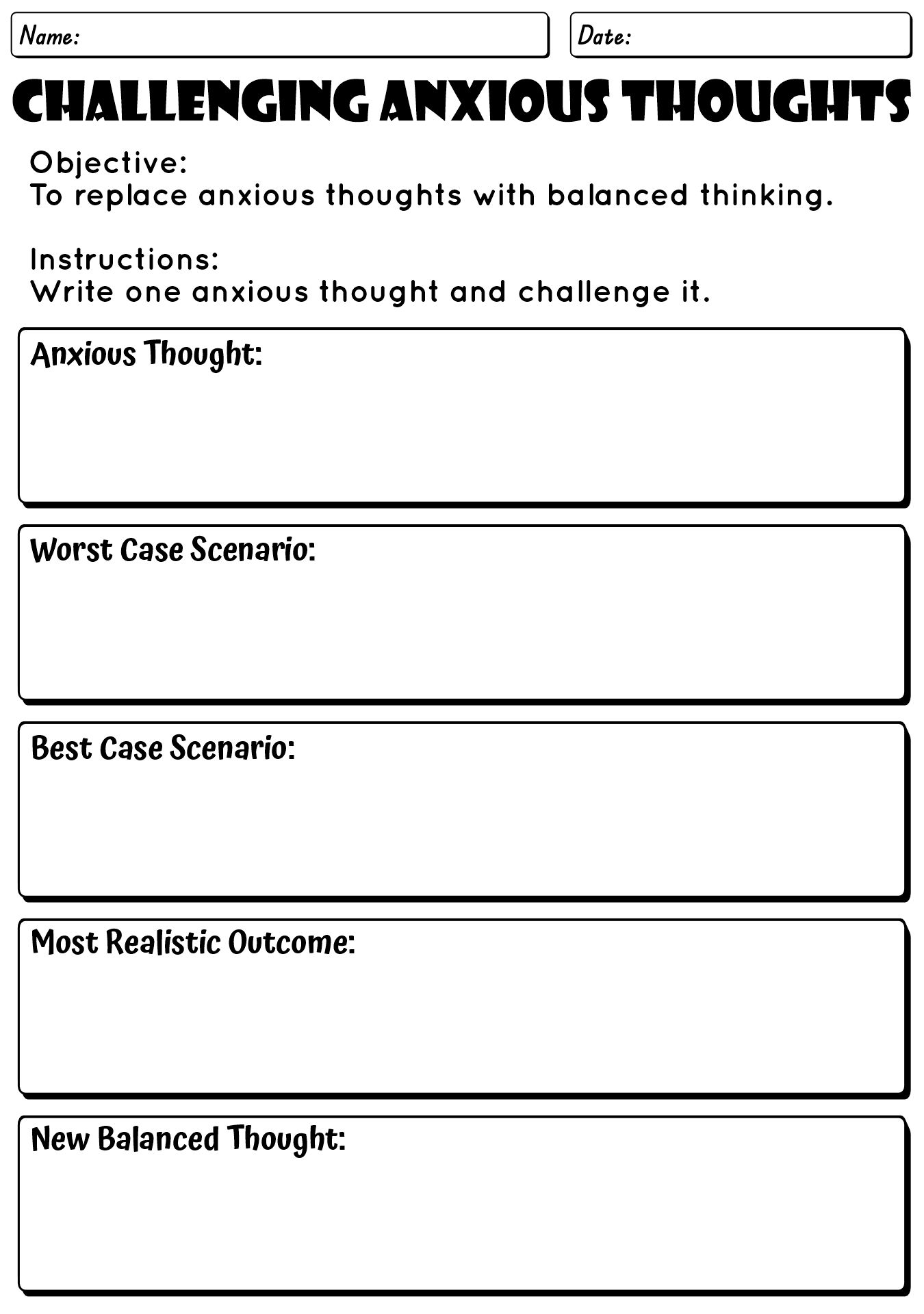 Anxiety Worksheets for High School Students