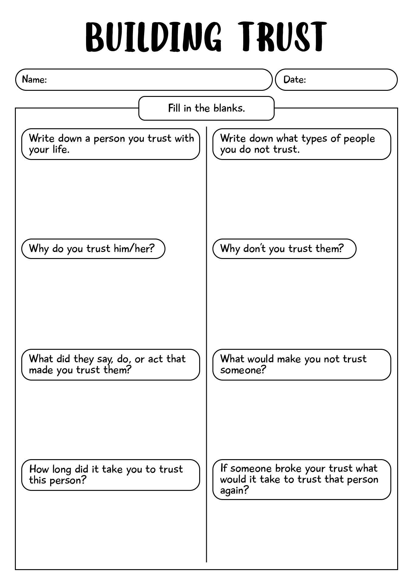 Building Trust Mental Health Worksheets