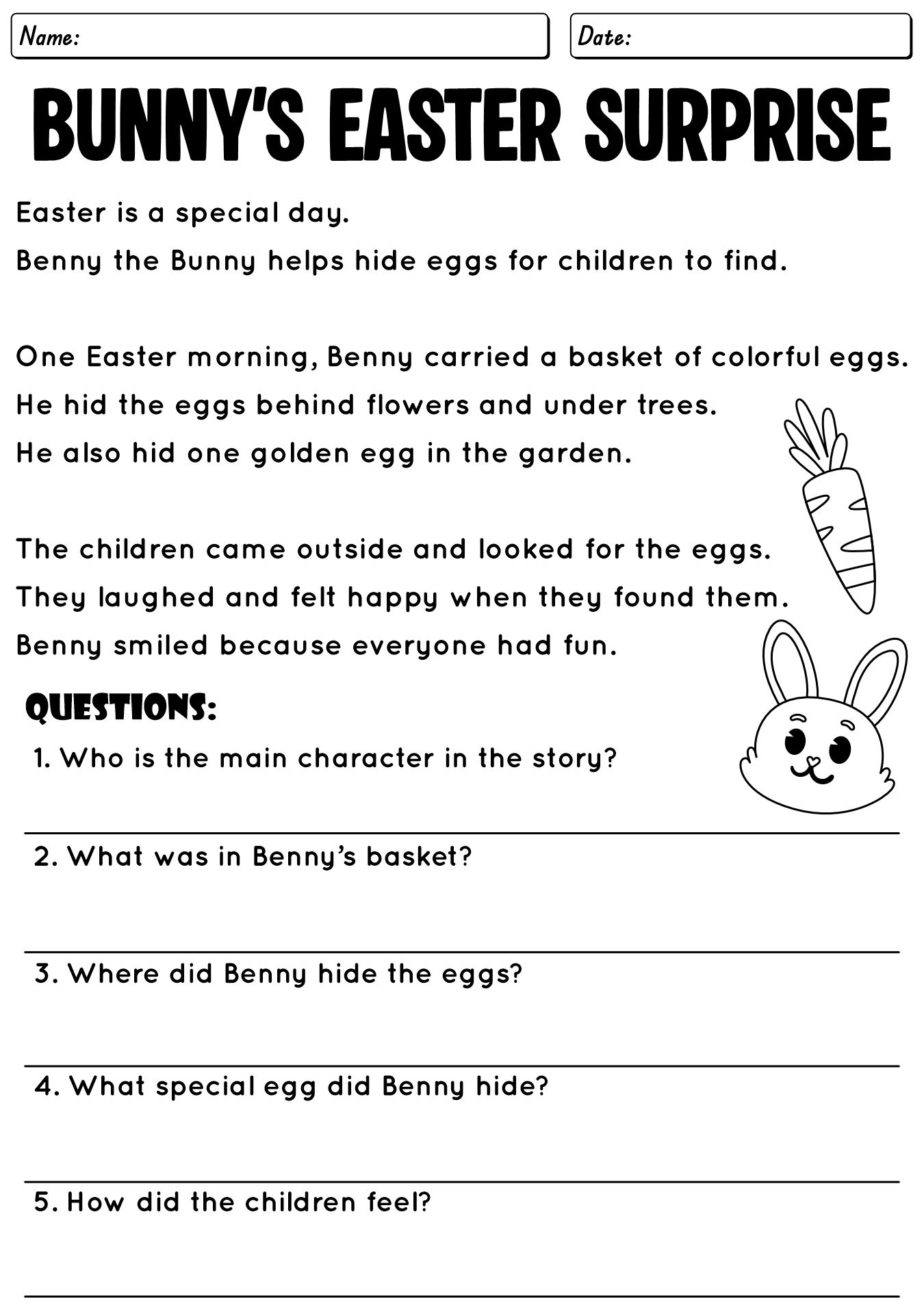 Bunny Reading Comprehension Easter Worksheet
