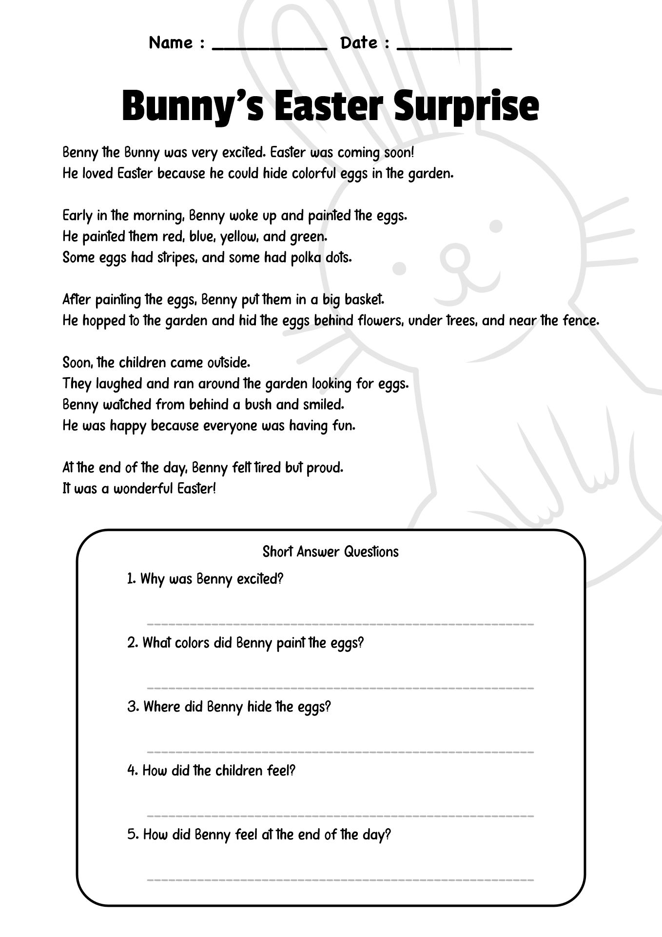 Bunny Reading Comprehension Easter Worksheet
