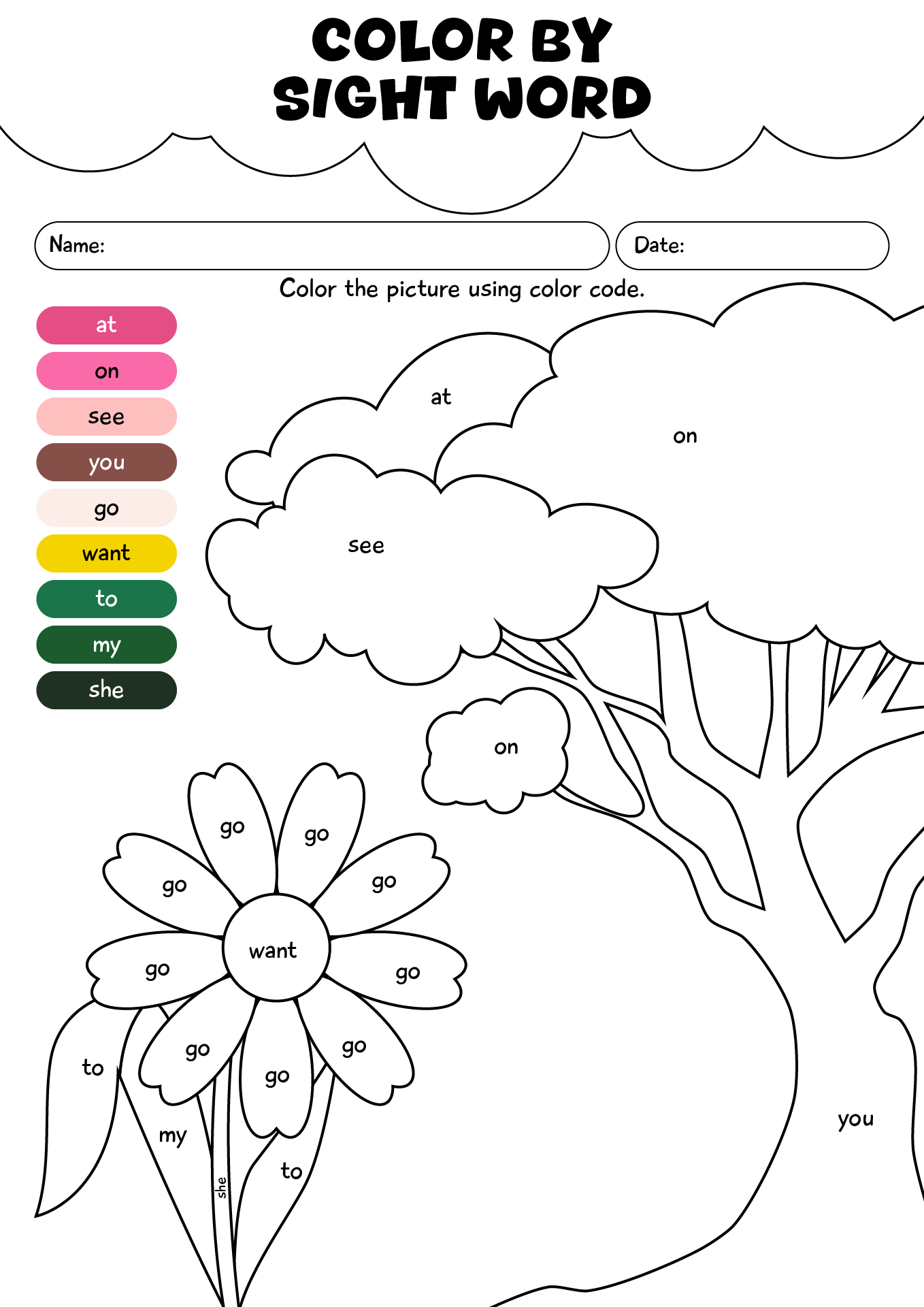 Color By Sight Word Spring Kindergarten Worksheet