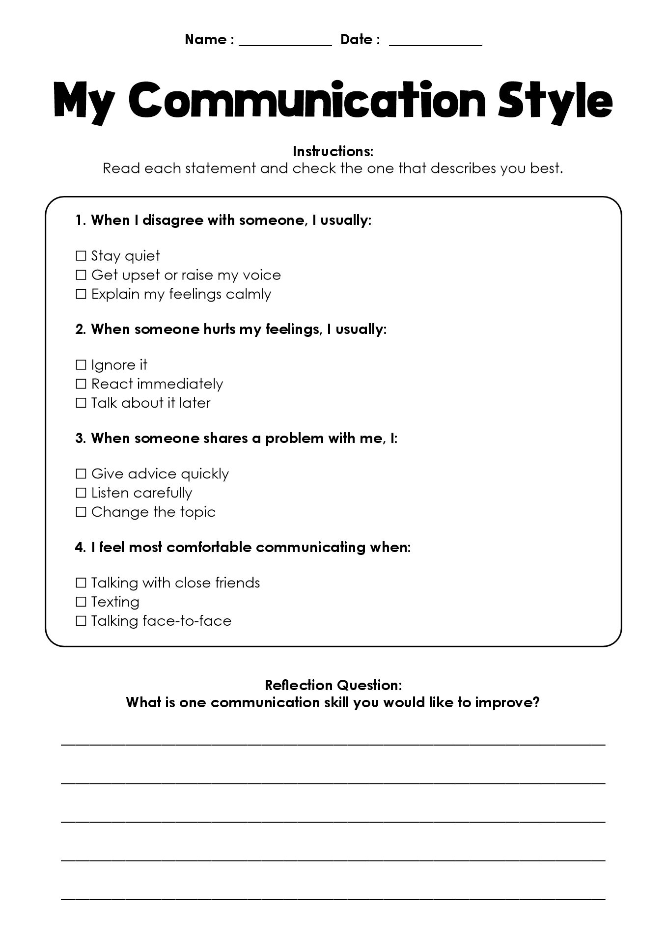 Communication Skills Worksheets for Teen Girls