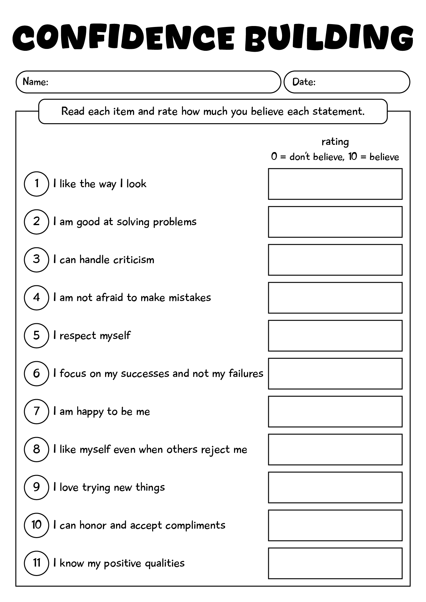 Confidence Building Worksheets For Teen Girls