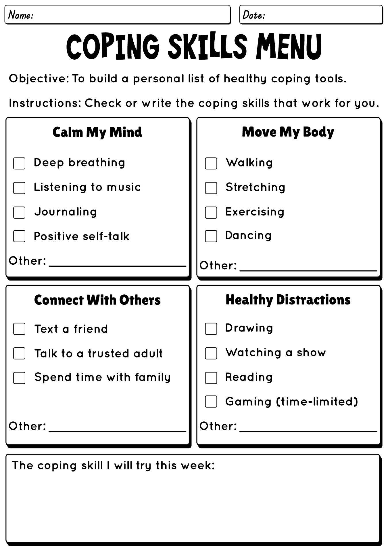 Coping Skills Worksheets for High School Students