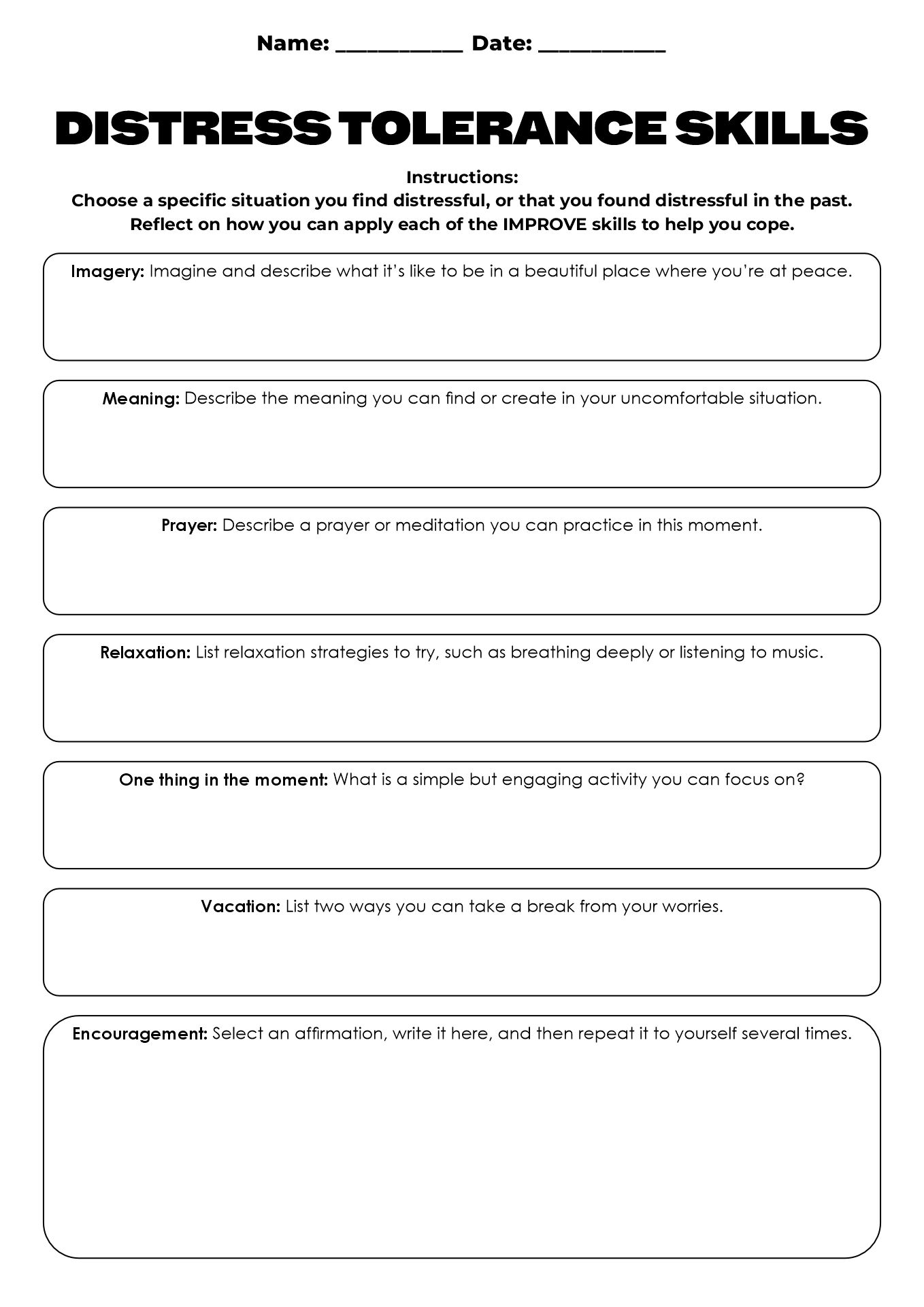 DBT Distress Tolerance Activities Sheets