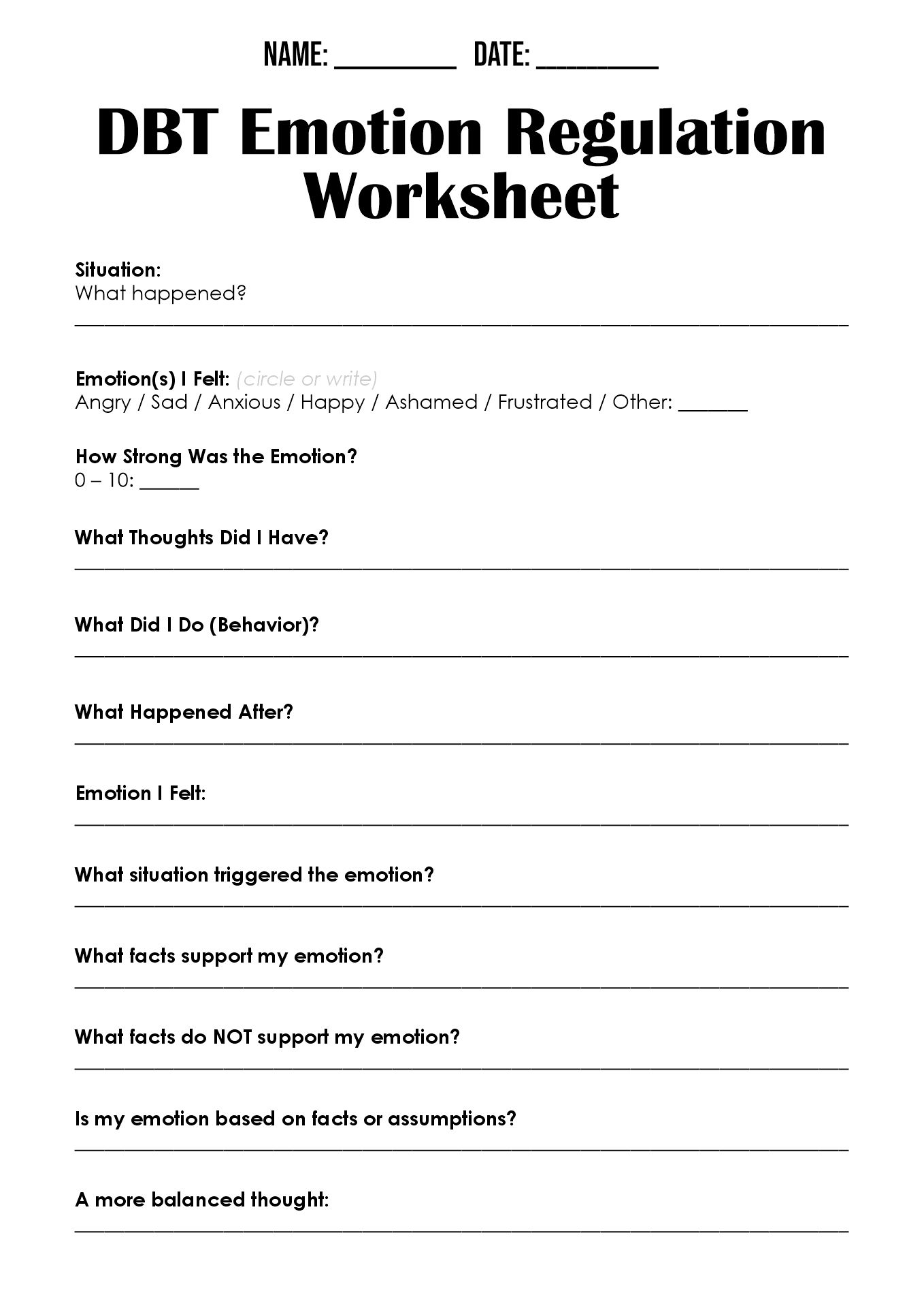 DBT Emotion Regulation Worksheets
