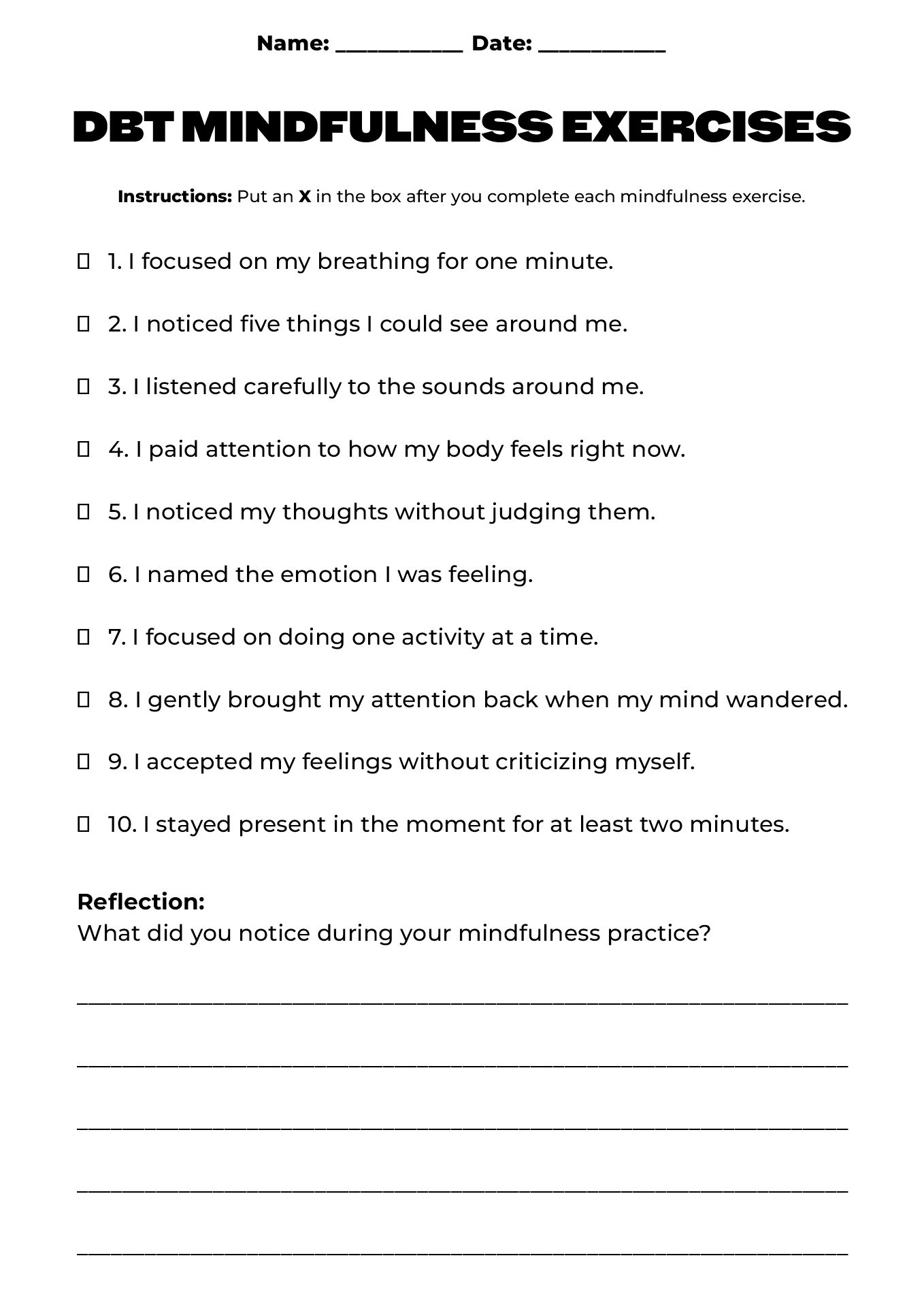 DBT Mindfulness Exercises Worksheets
