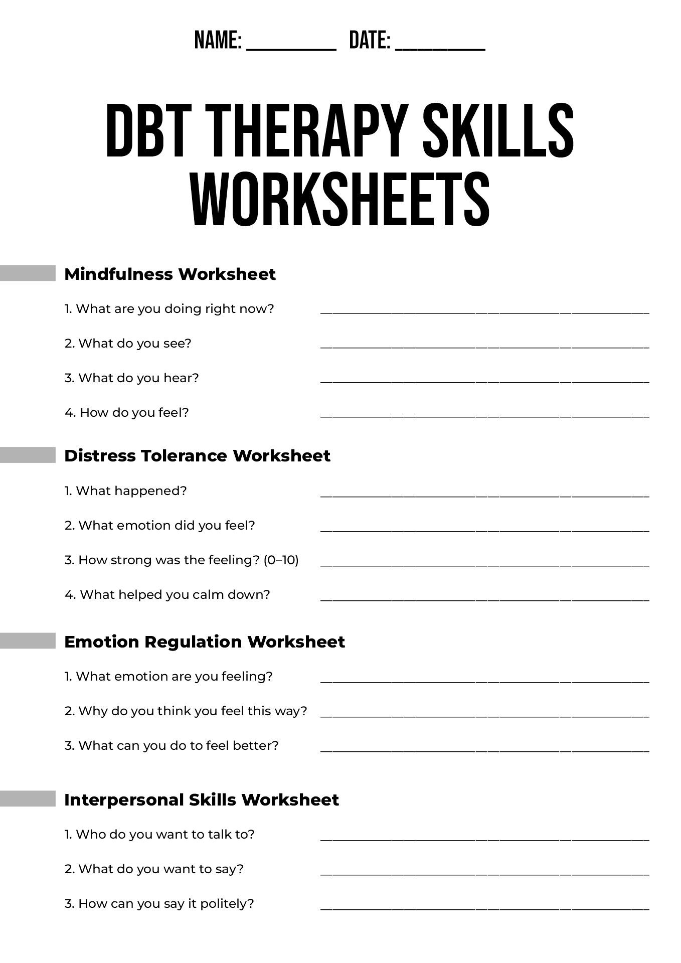 DBT Therapy Skills Worksheets
