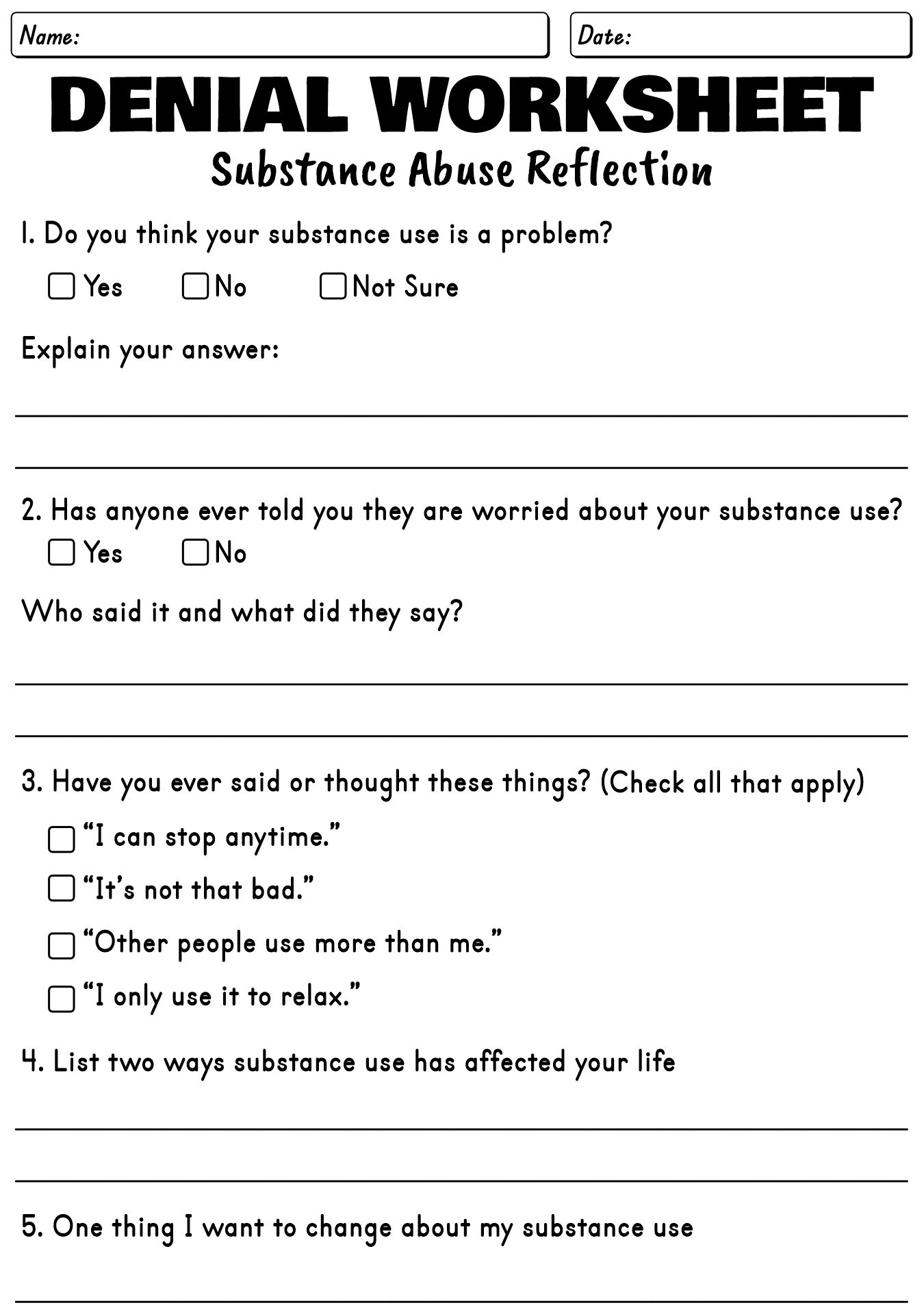 Denial Worksheet Substance Abuse