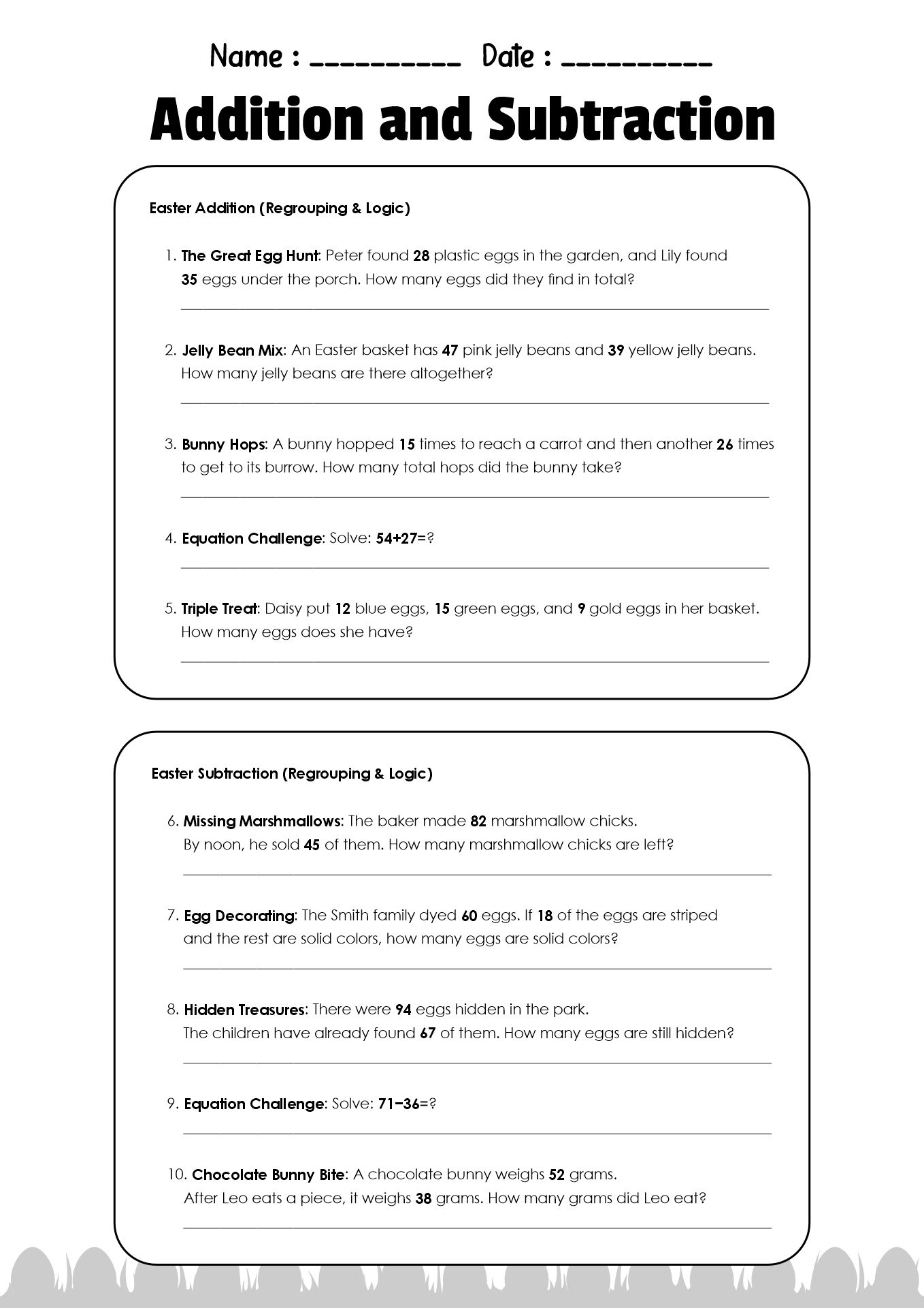 Easter Addition and Subtraction Worksheets Grade 2