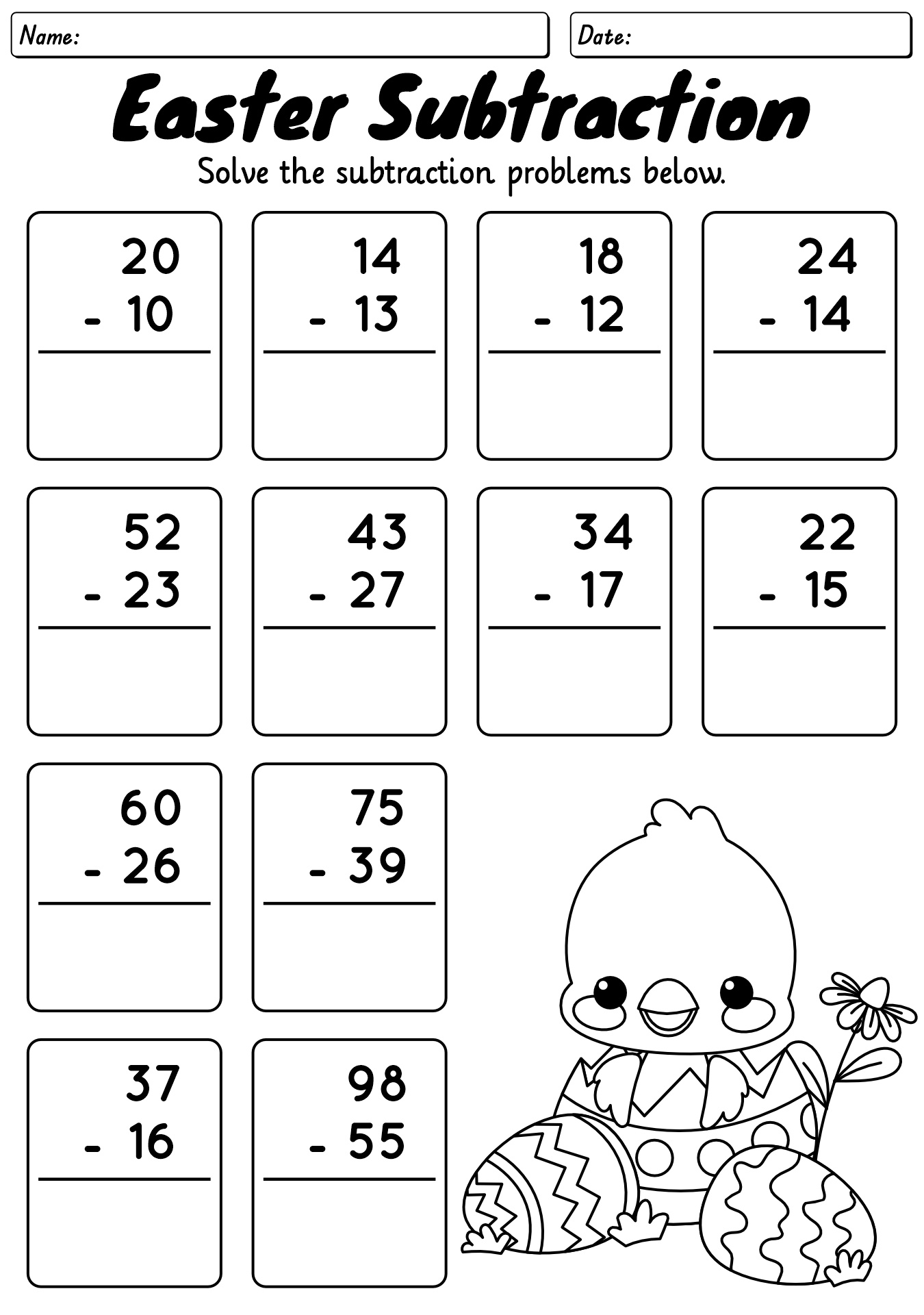 Easter Double Digit Subtraction Math Worksheet
