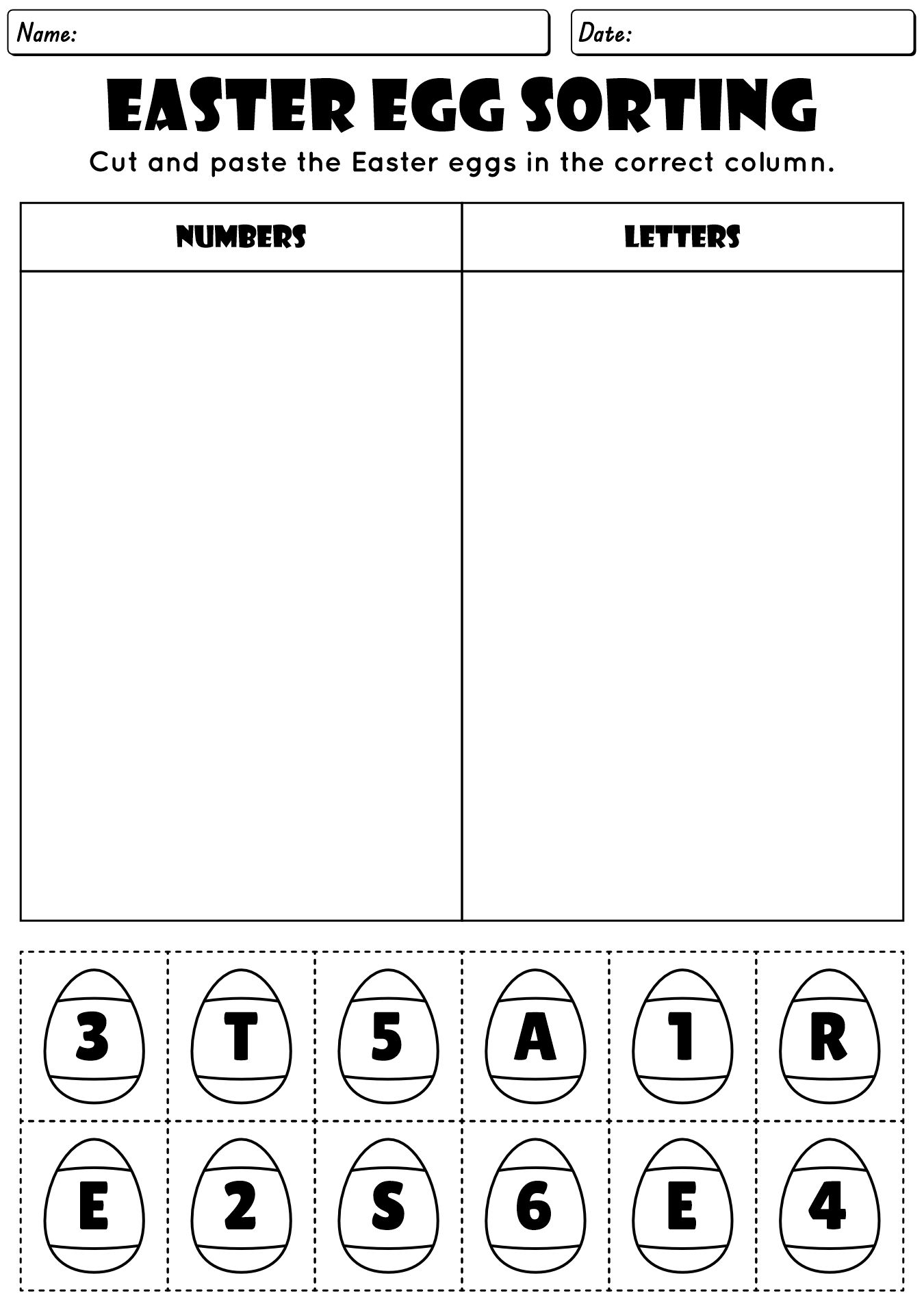 Easter Egg Sorting Cut and Paste Worksheets