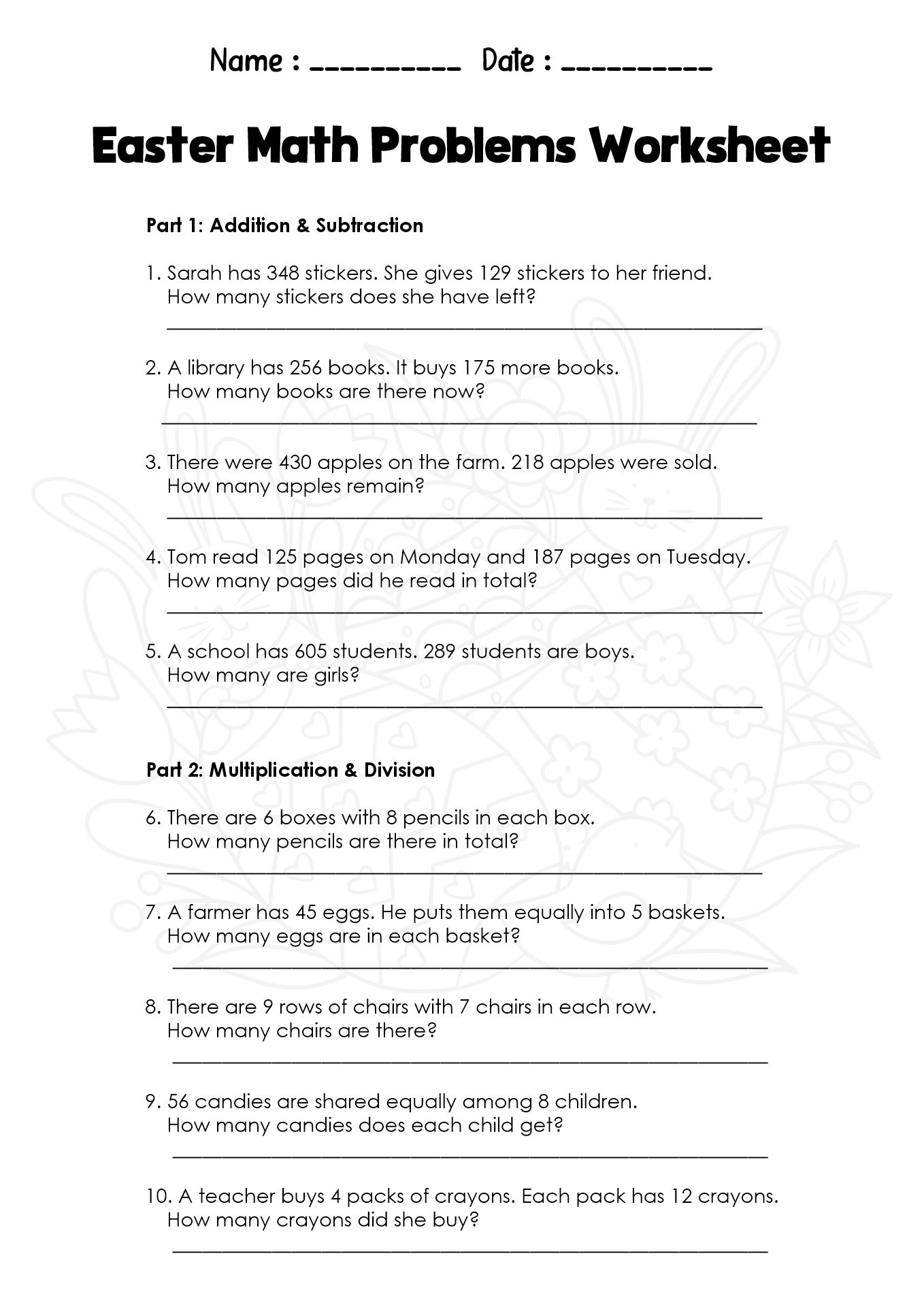 Easter Math Problems Worksheet 3rd Grade