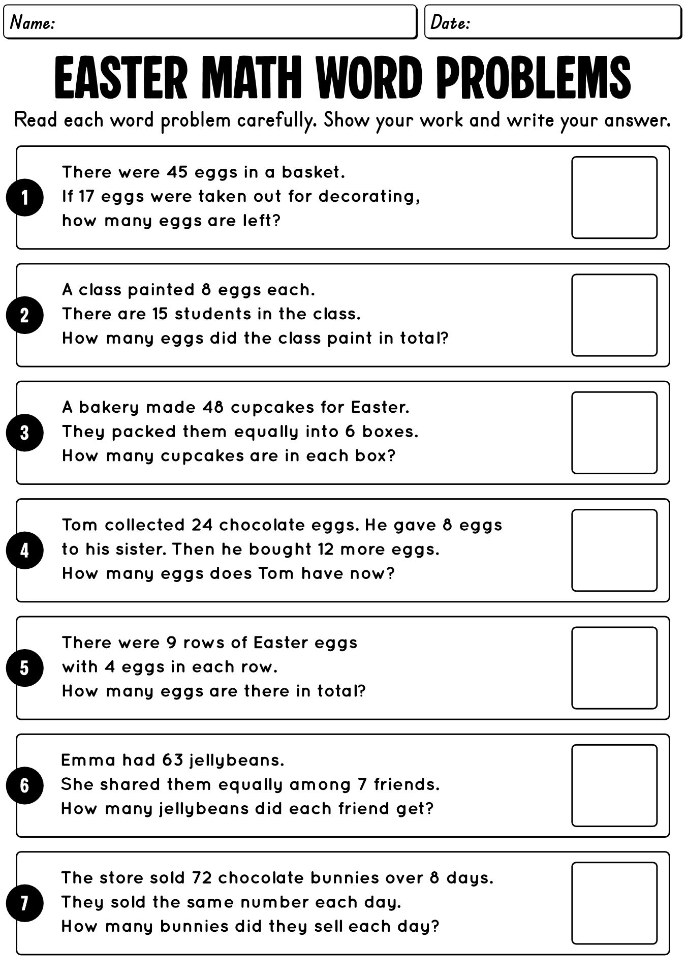 Easter Math Problems Worksheets for 3rd Grade